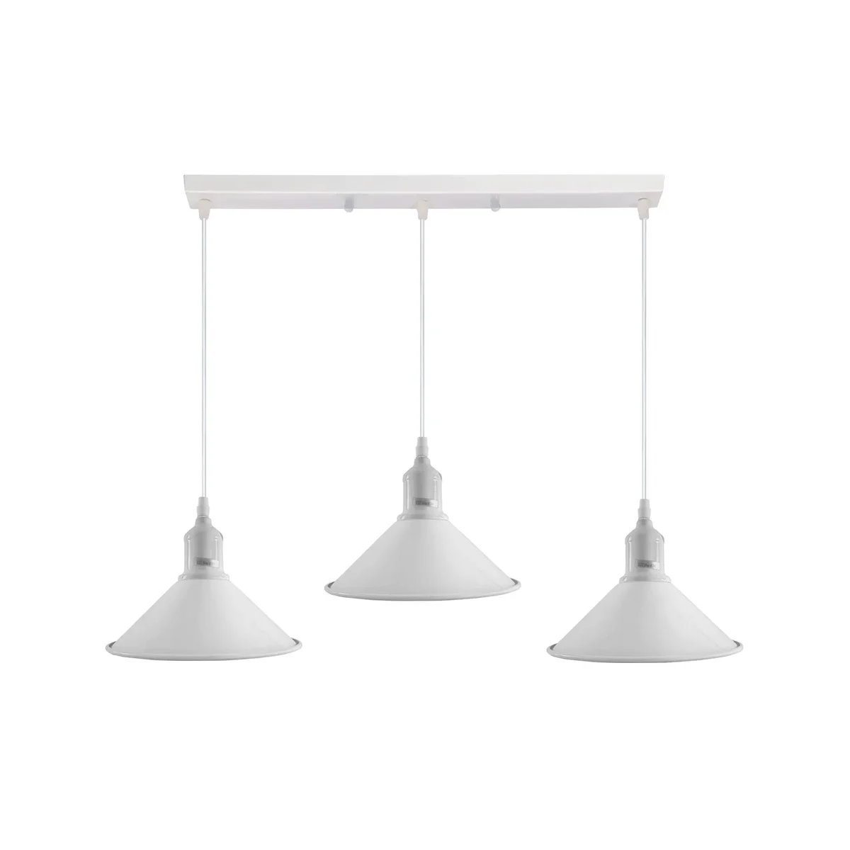 Three vintage pendant ceiling light fittings with adjustable cords and metal shades hanging from a ceiling rose