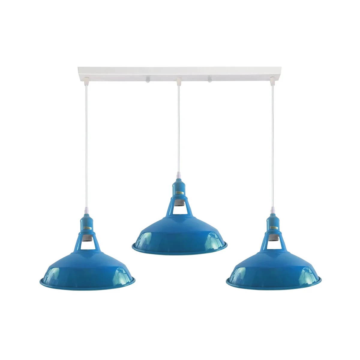 Vintage ceiling chandelier with three barn-style metal shades and adjustable hanging cords in industrial retro design