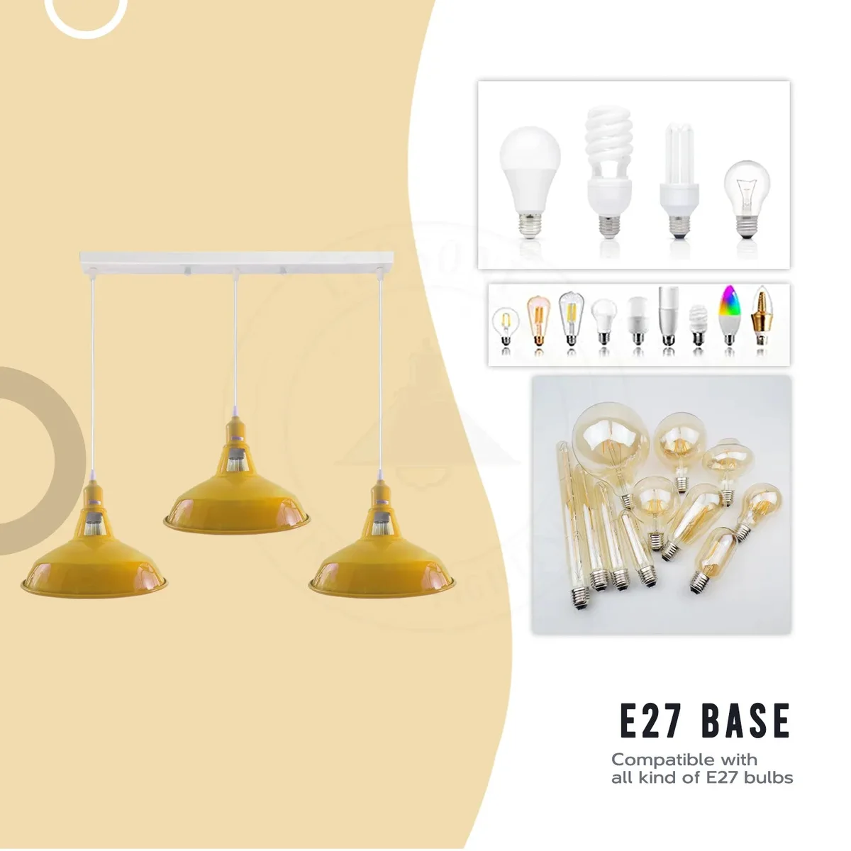 Three-light industrial vintage chandelier with barn-style metal shades and adjustable cords, dimmable vintage light fixture