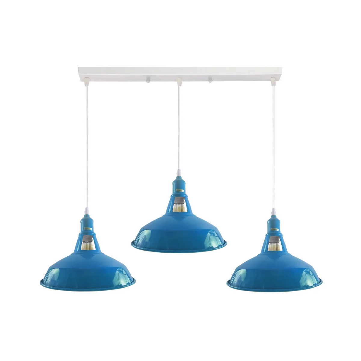 Vintage ceiling chandelier with three barn-style metal shades hanging from adjustable cords against a white background