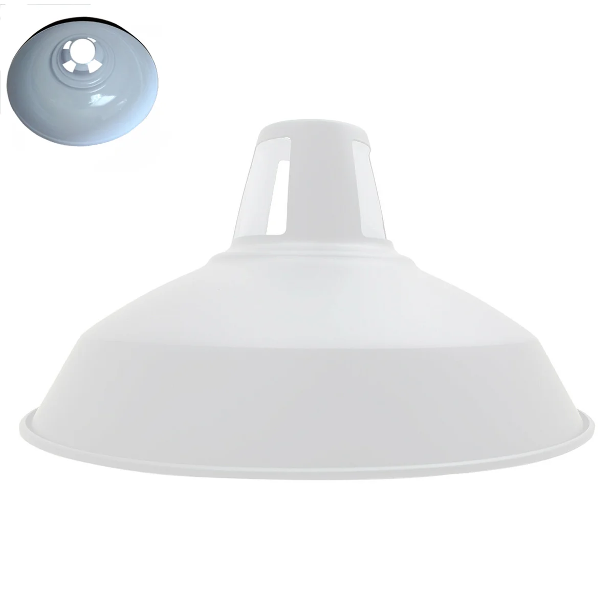 White slotted metal industrial pendant lamp shade with barn-style design, 30cm diameter, fits E27 bulbs