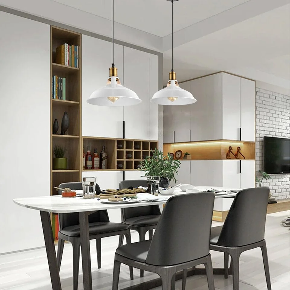 White slotted metal industrial pendant lamp shade with barn-style design, 30cm diameter, fits E27 bulbs