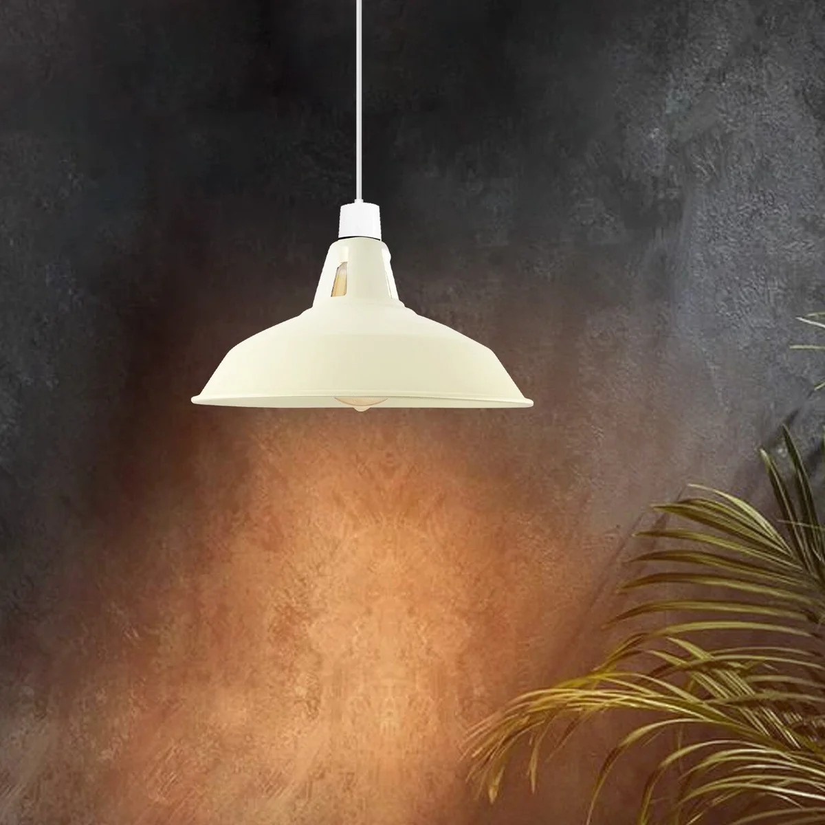 White slotted industrial pendant lamp shade with barn-style metal design, 30cm diameter, E27 bulb fitting, modern vintage look