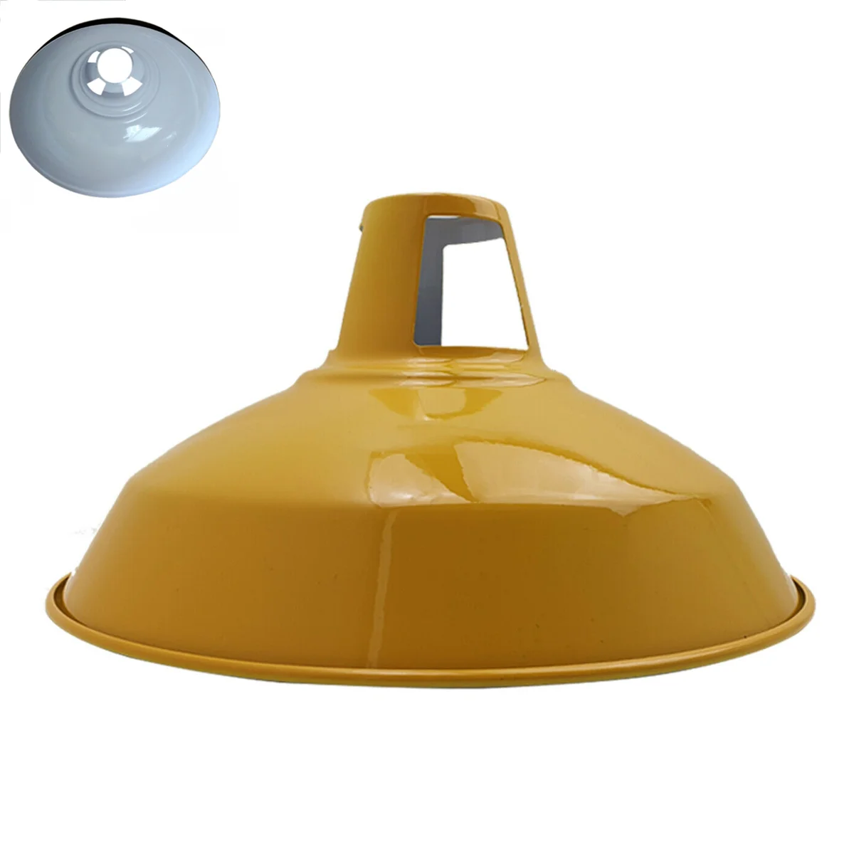 Yellow pendant light shade in industrial barn slotted design, metal construction, 30 cm diameter, easy fit E27 base
