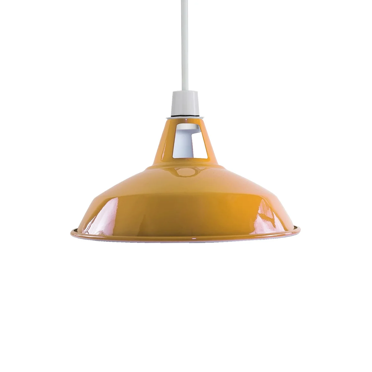 Yellow metal barn slotted industrial pendant light shade with easy-fit E27 base, 30cm diameter, retro design