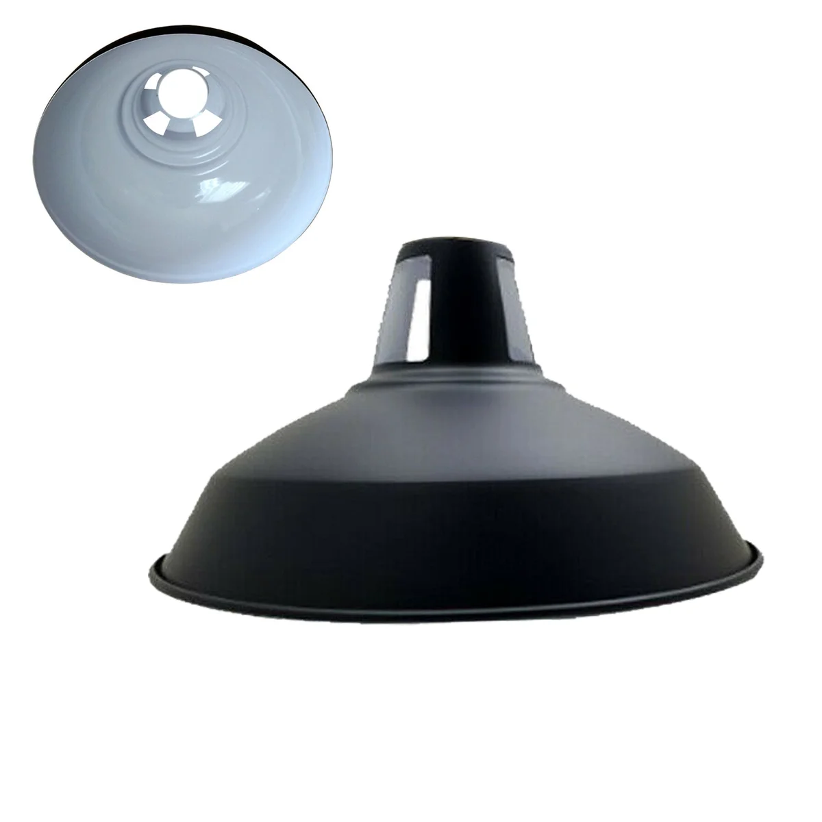 Black and white barn-style industrial metal pendant light shade with dome shape and E27 fitting on white background