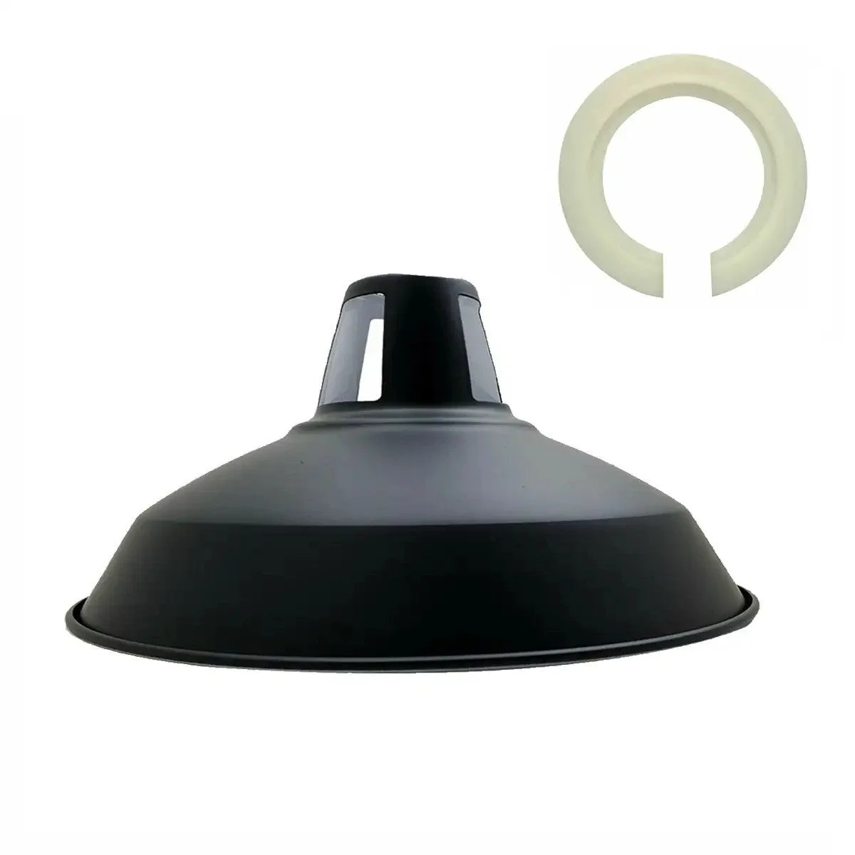 Black and white barn-style metal pendant lamp shade showcasing vintage industrial lighting design with E27 fitting