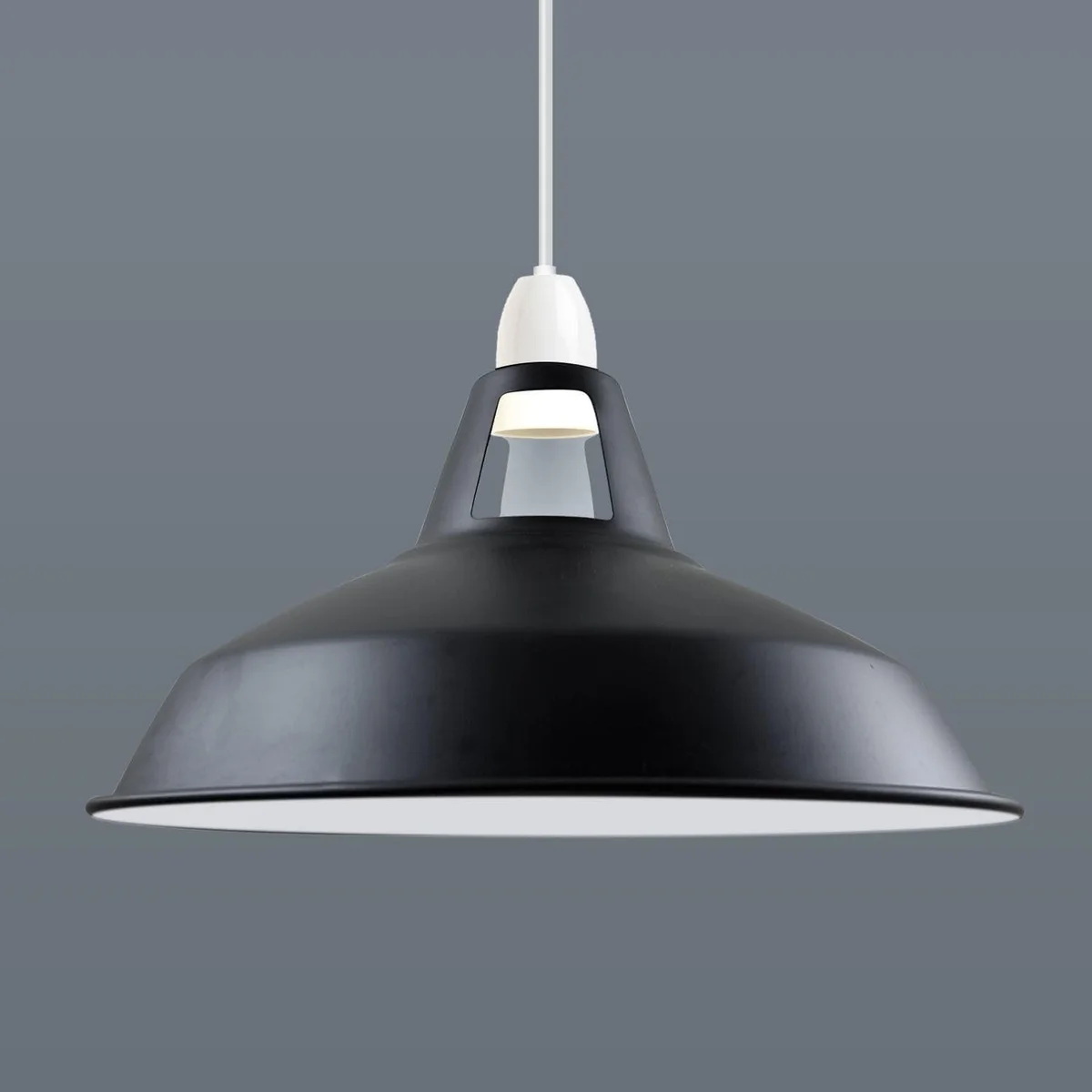 Black white pendant shade with barn-style industrial metal design, dome shape, and durable rust-resistant finish