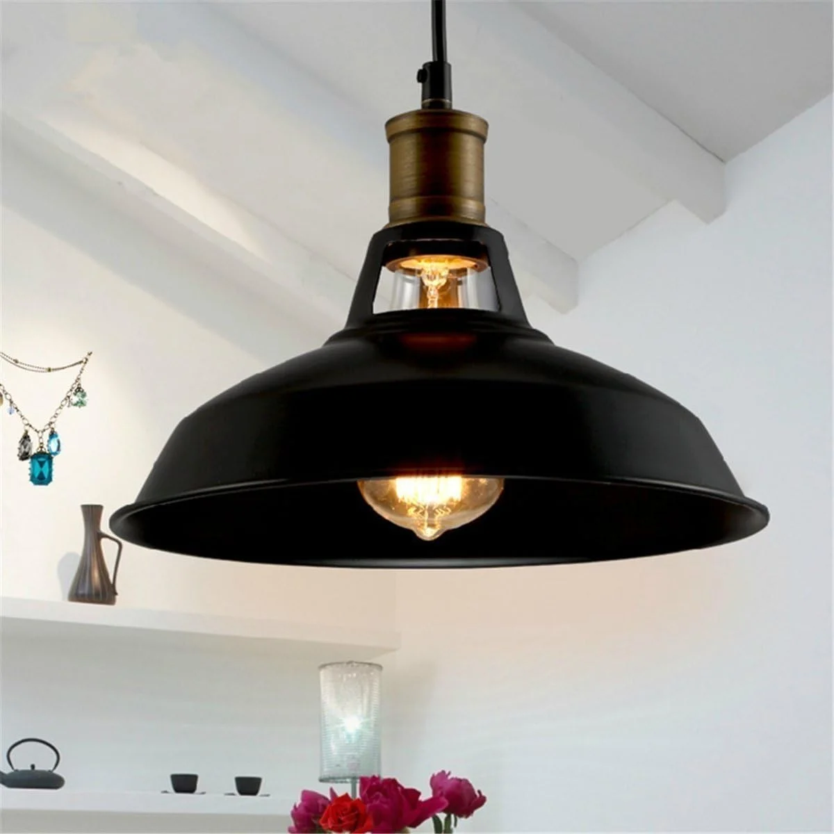 Black and white barn-style industrial metal pendant light shade with dome shape and E27 base on white background