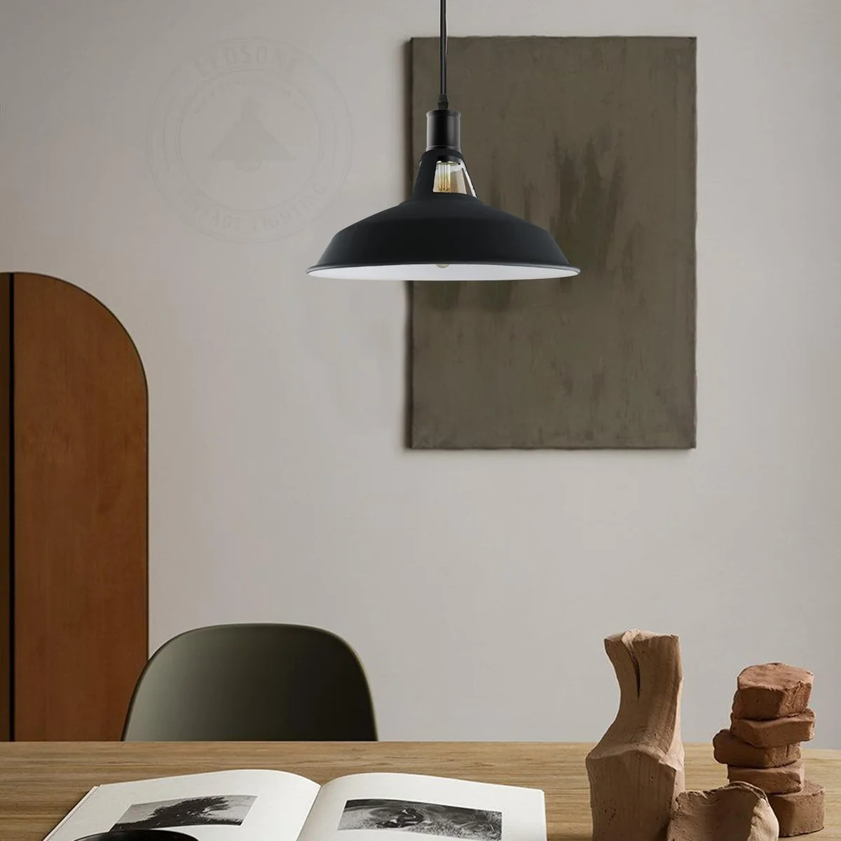 Black barn-style industrial metal pendant light shade with white interior, 30cm diameter, E27 fitting, modern vintage design