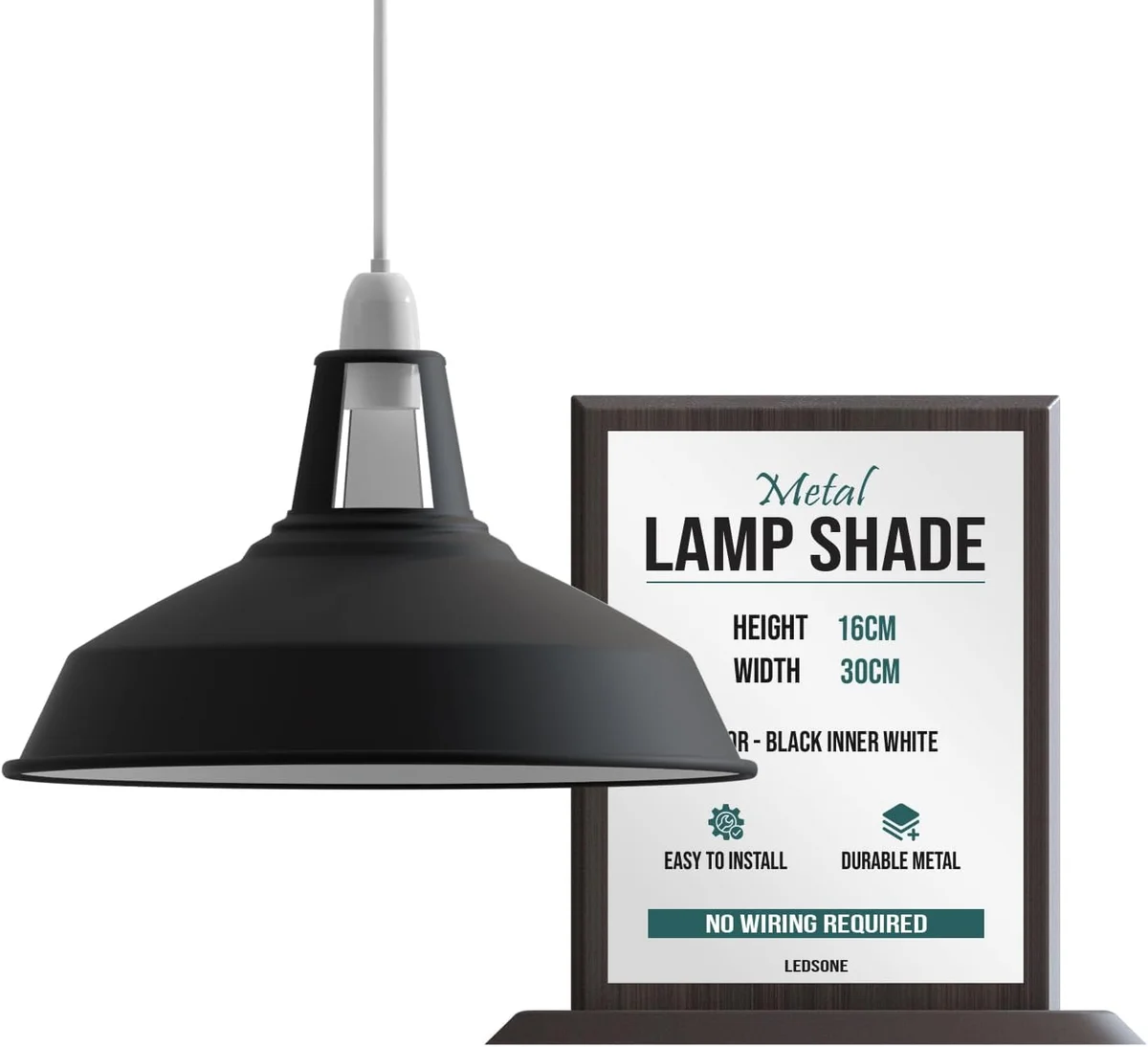 Black and white barn-style industrial metal pendant light shade with dome shape and E27 fitting on white background