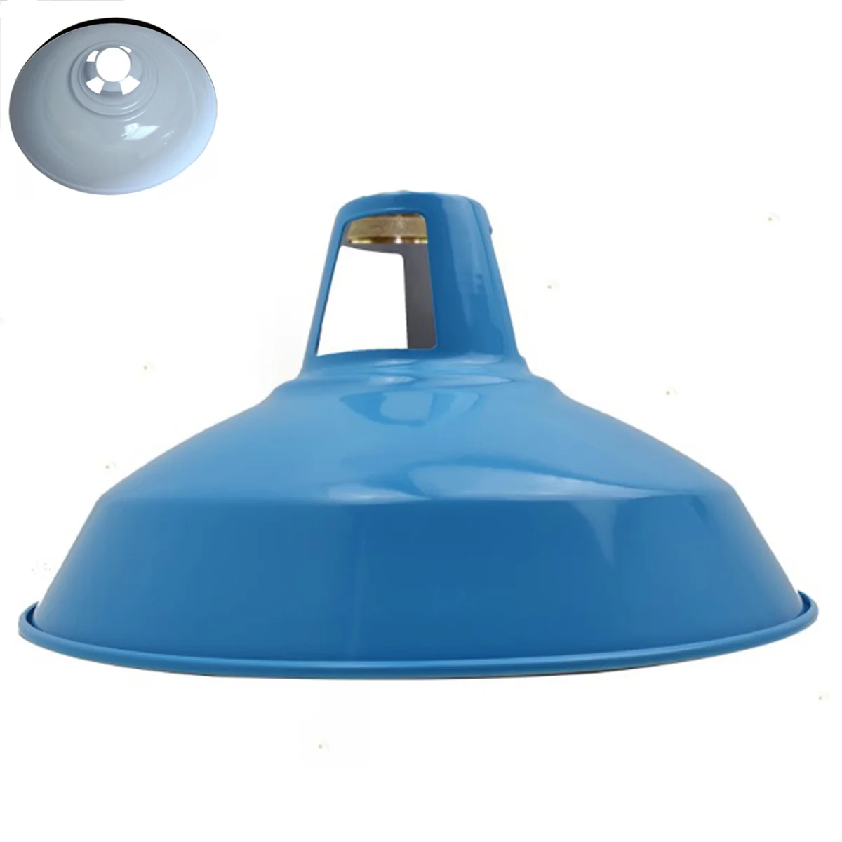 Blue metal pendant lamp with slotted barn-style retro industrial design and dome shape, compatible with E27 bulbs