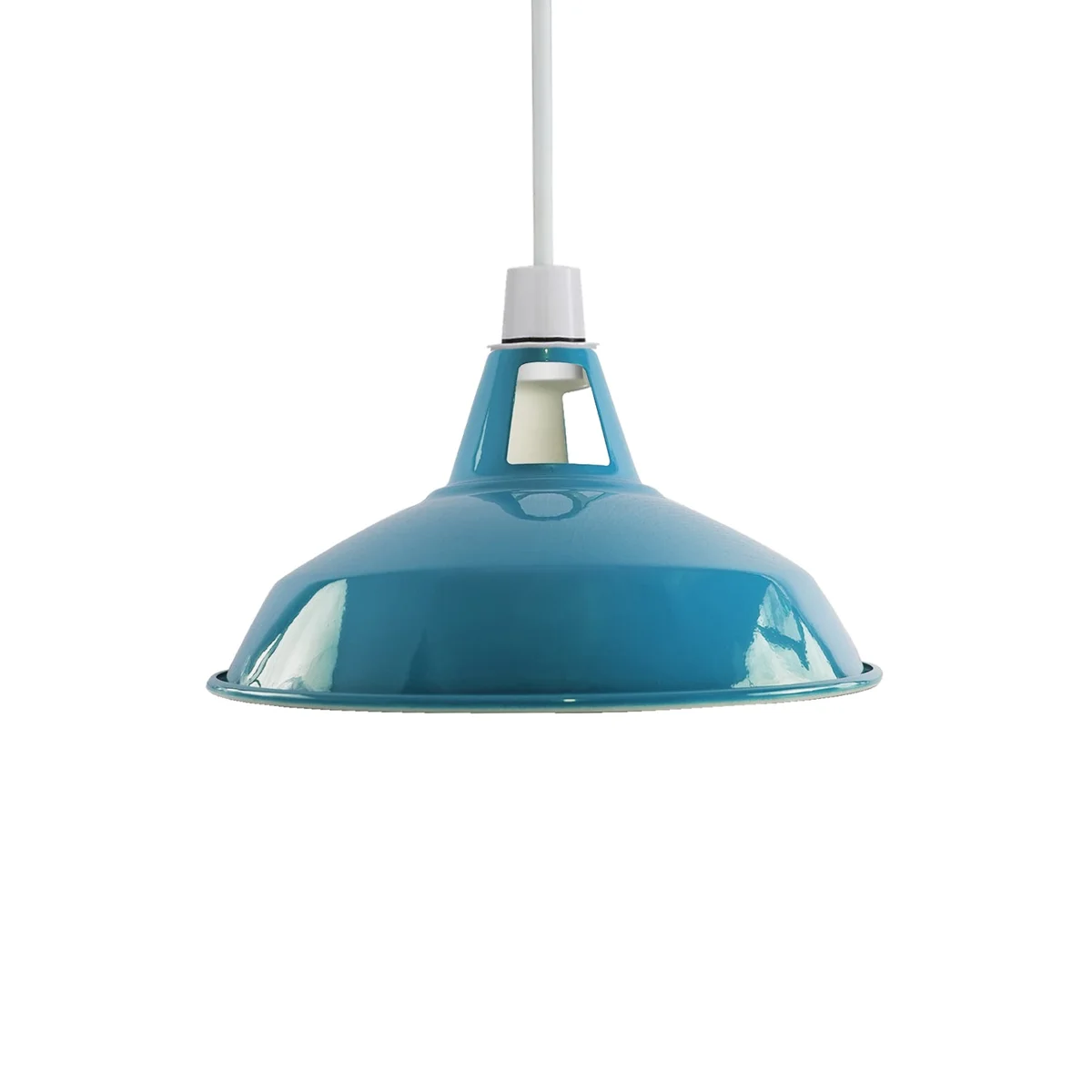 Blue slotted metal industrial pendant lampshade with barn-style retro design, 30cm diameter, E27 fit