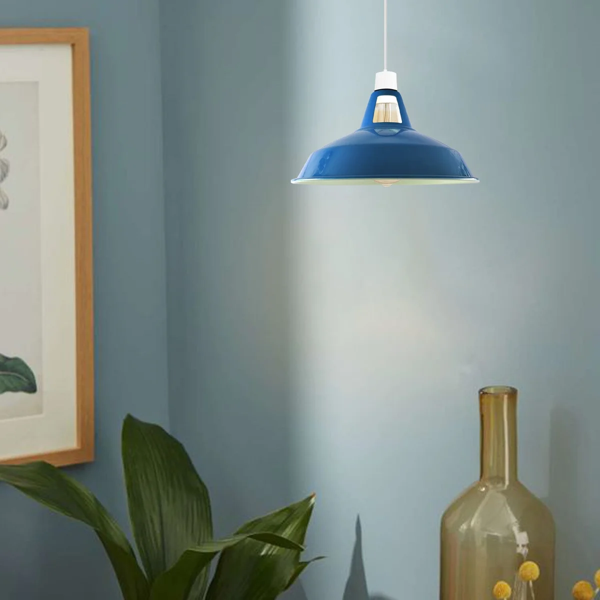 Blue metal pendant lamp with slotted barn-style dome shade, 30cm diameter, designed for E27 bulbs, industrial vintage look