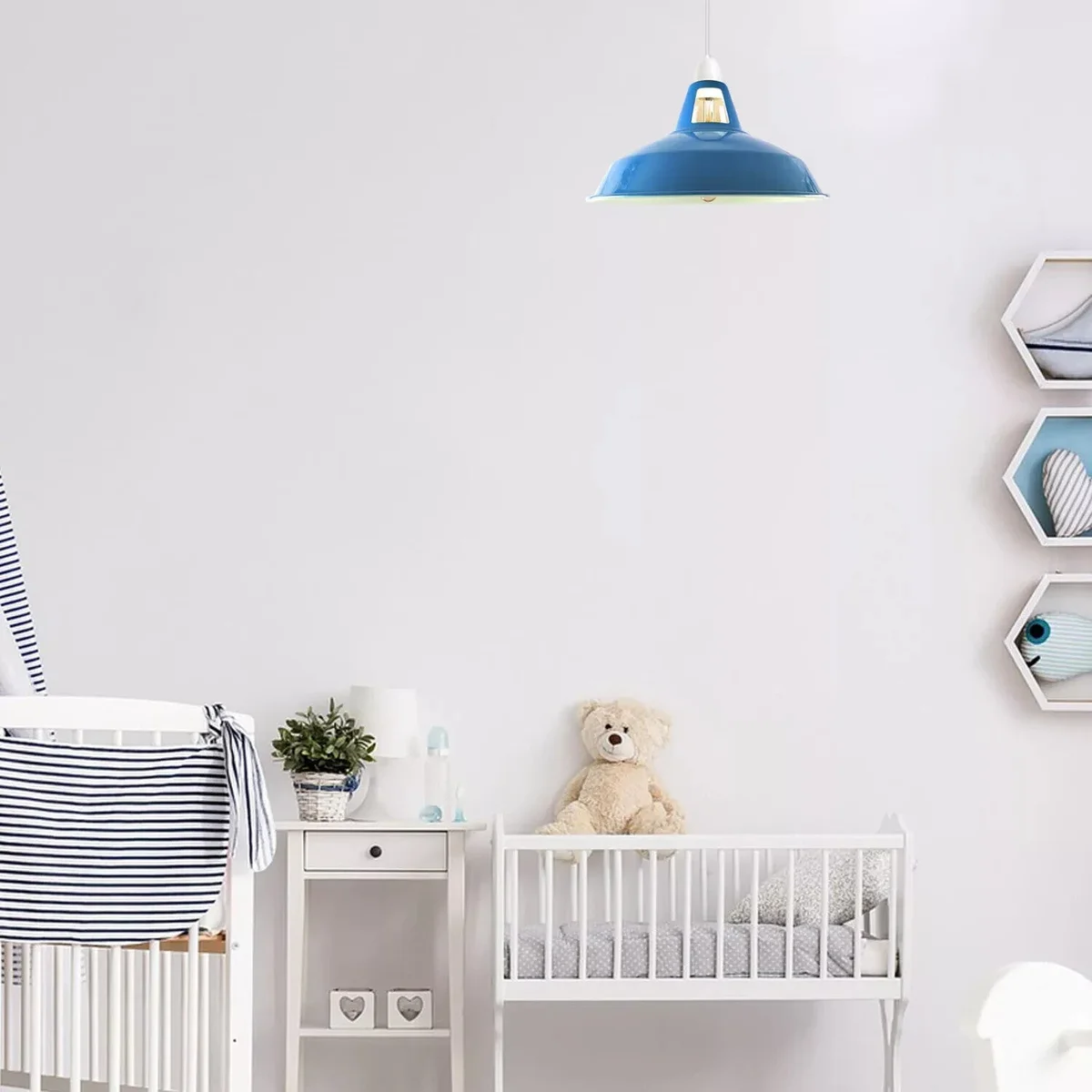 Blue metal pendant lamp shade with slotted barn-style design and E27 fitting, 30cm diameter, modern industrial look