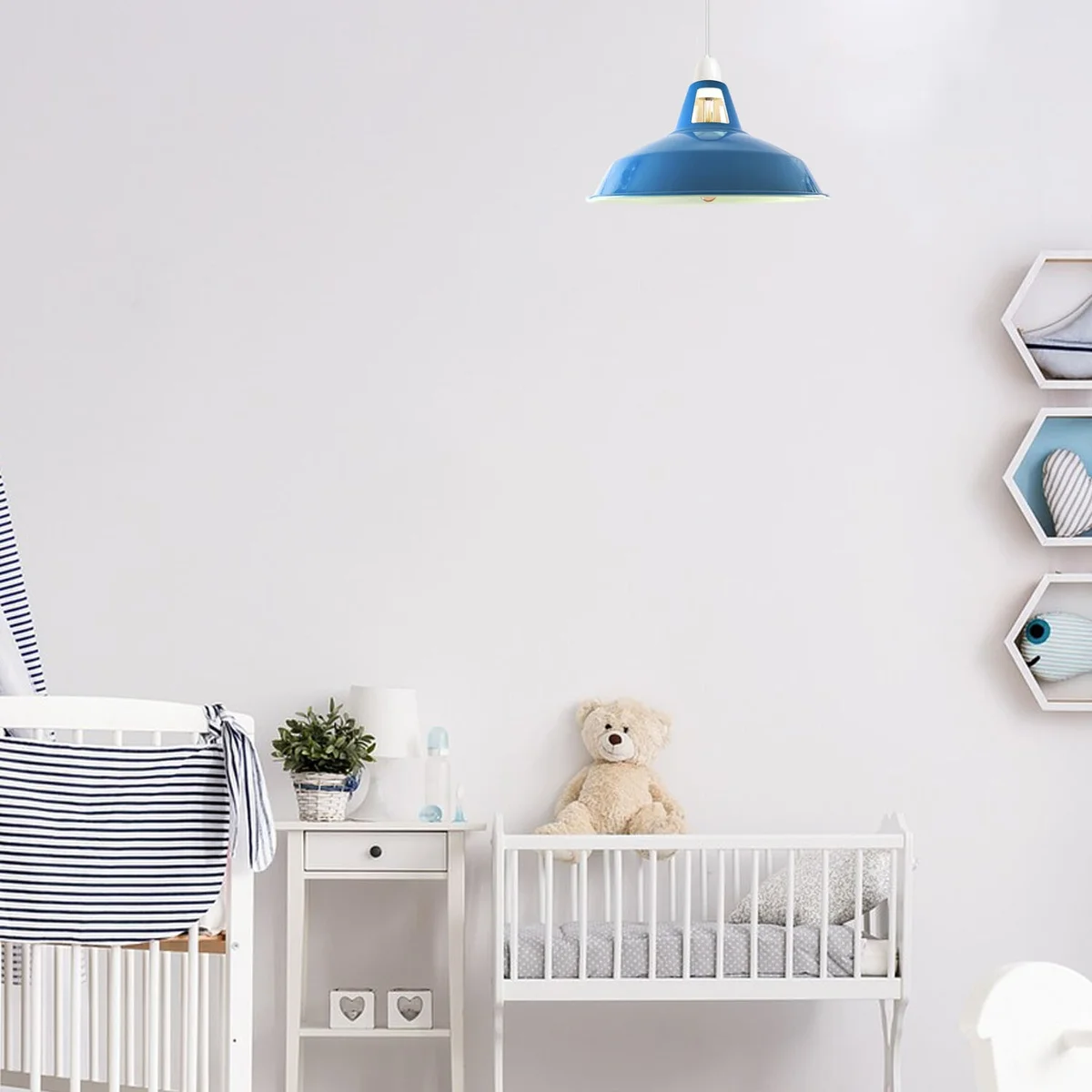 Blue metal pendant lamp shade with slotted barn-style design, dome shape, and E27 bulb fitting on white background