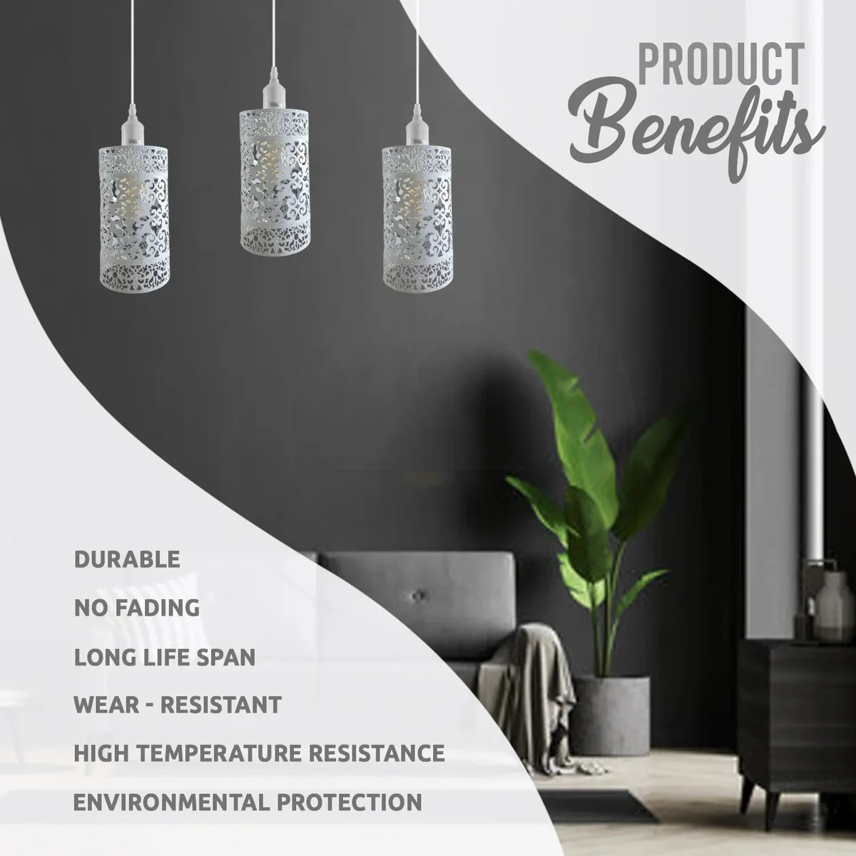 Three-bulb industrial pendant lighting with adjustable metal cage shades and black hanging cords against white background