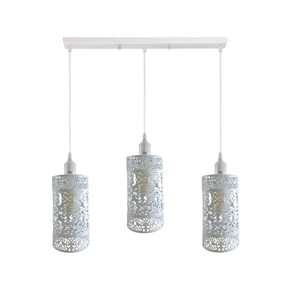 Adjustable pendant light with three metal cage shades and black hanging cords for indoor vintage industrial lighting