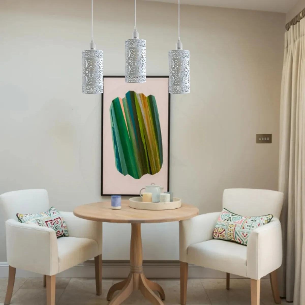 Three vintage style metal cage hanging lights with adjustable cords and E27 bulb holders in a row against a white background