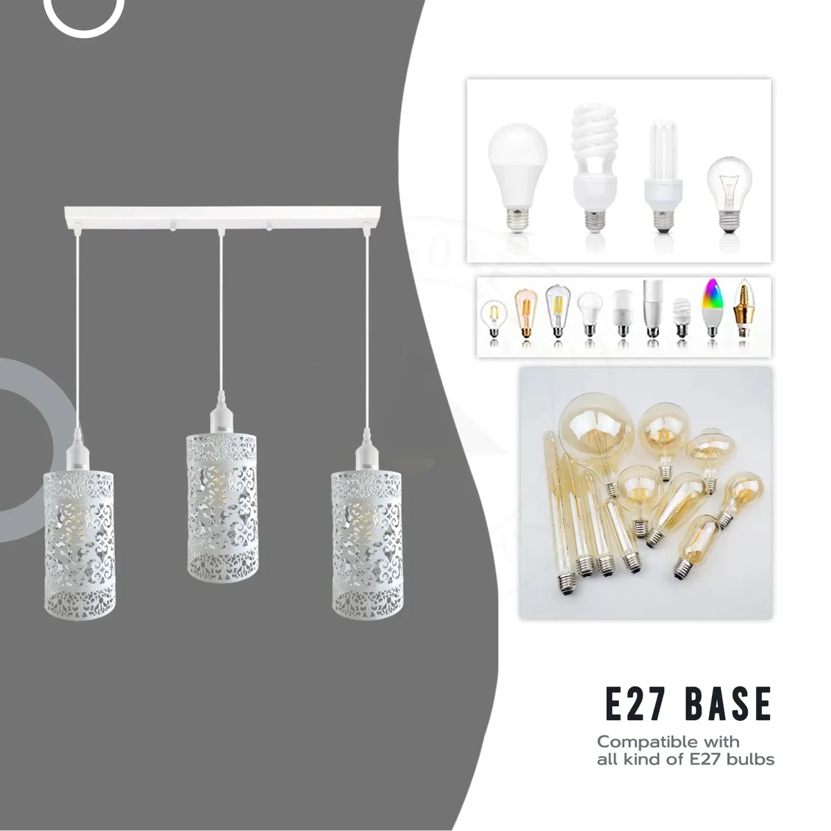 Three vintage metal cage pendant lights with adjustable cords, showcasing dimmable indoor lighting for stylish home decor