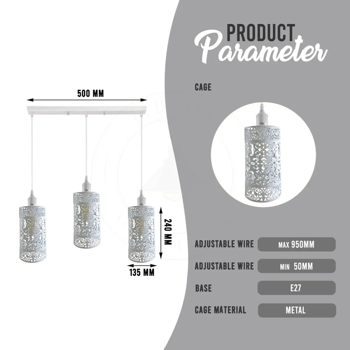 Three adjustable industrial pendant lighting fixtures with metal cage shades hanging from ceiling cords against a white background