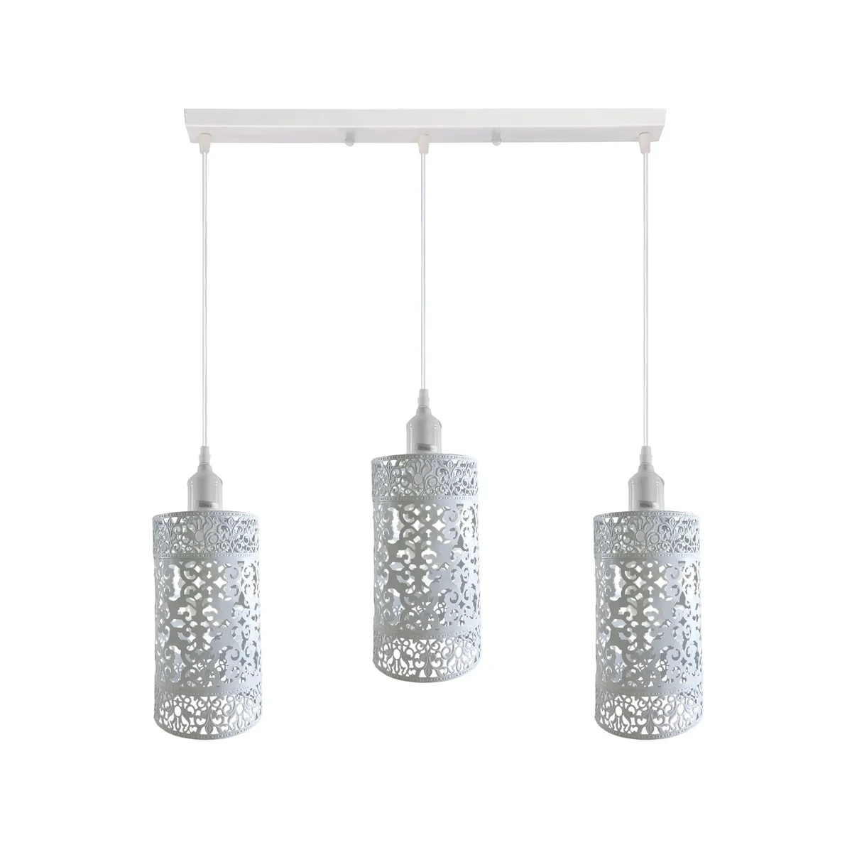 Three adjustable industrial pendant lighting fixtures with metal cage shades hanging from ceiling, vintage style, E27 bulbs not included