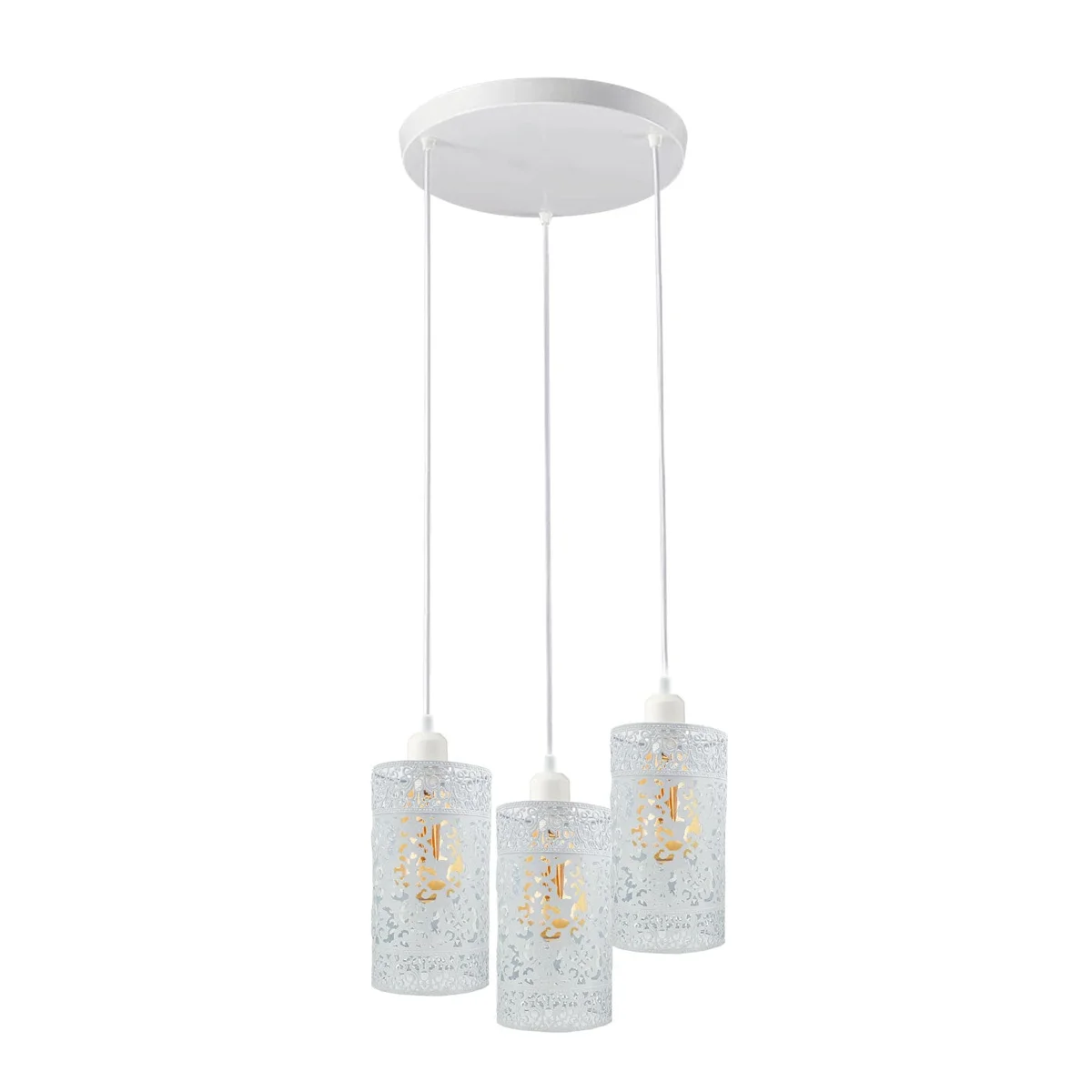 Three adjustable industrial pendant lighting fixtures with metal cage design hanging from ceiling on black cords