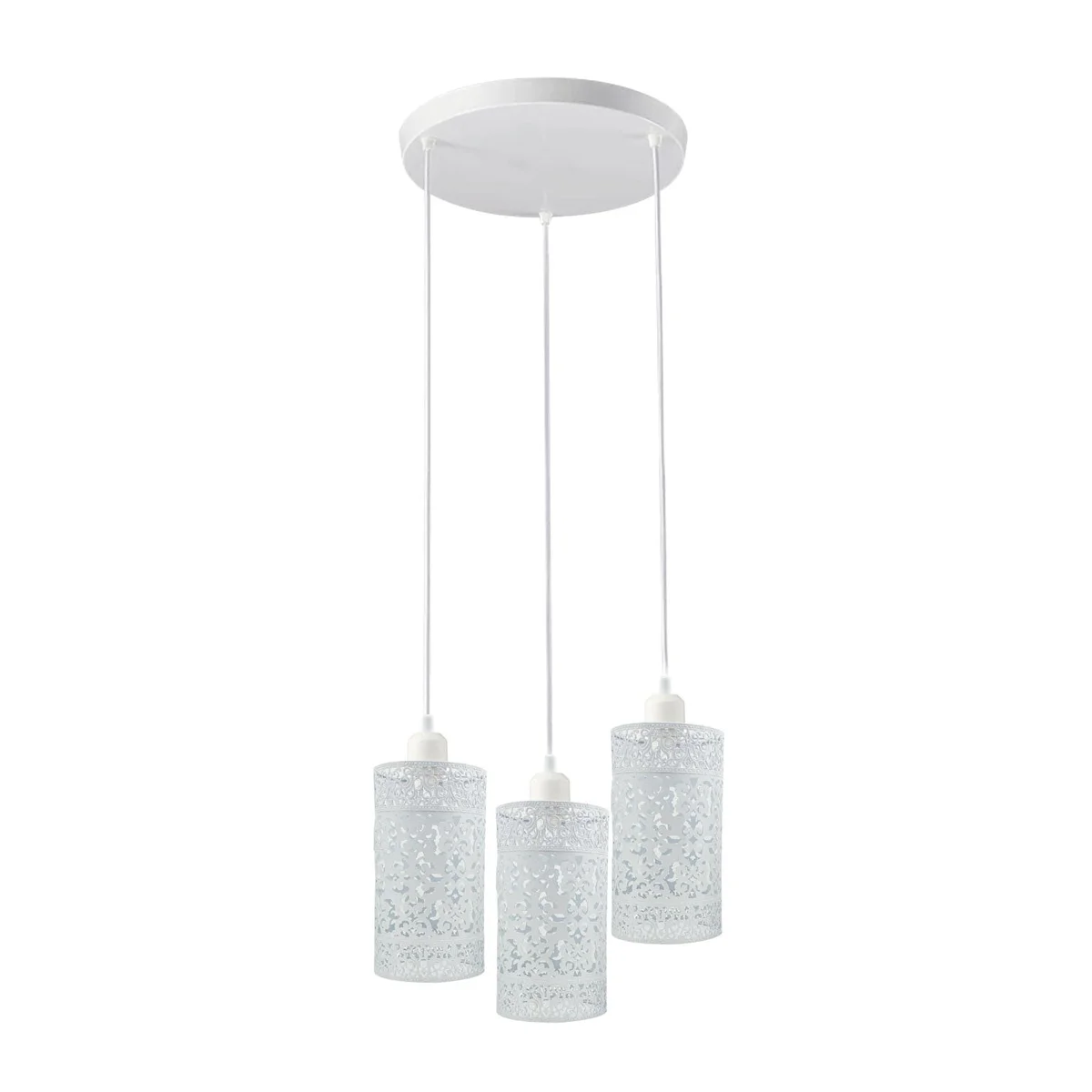Three adjustable industrial pendant lighting fixtures with metal cage design and E27 bulb holders hanging indoors