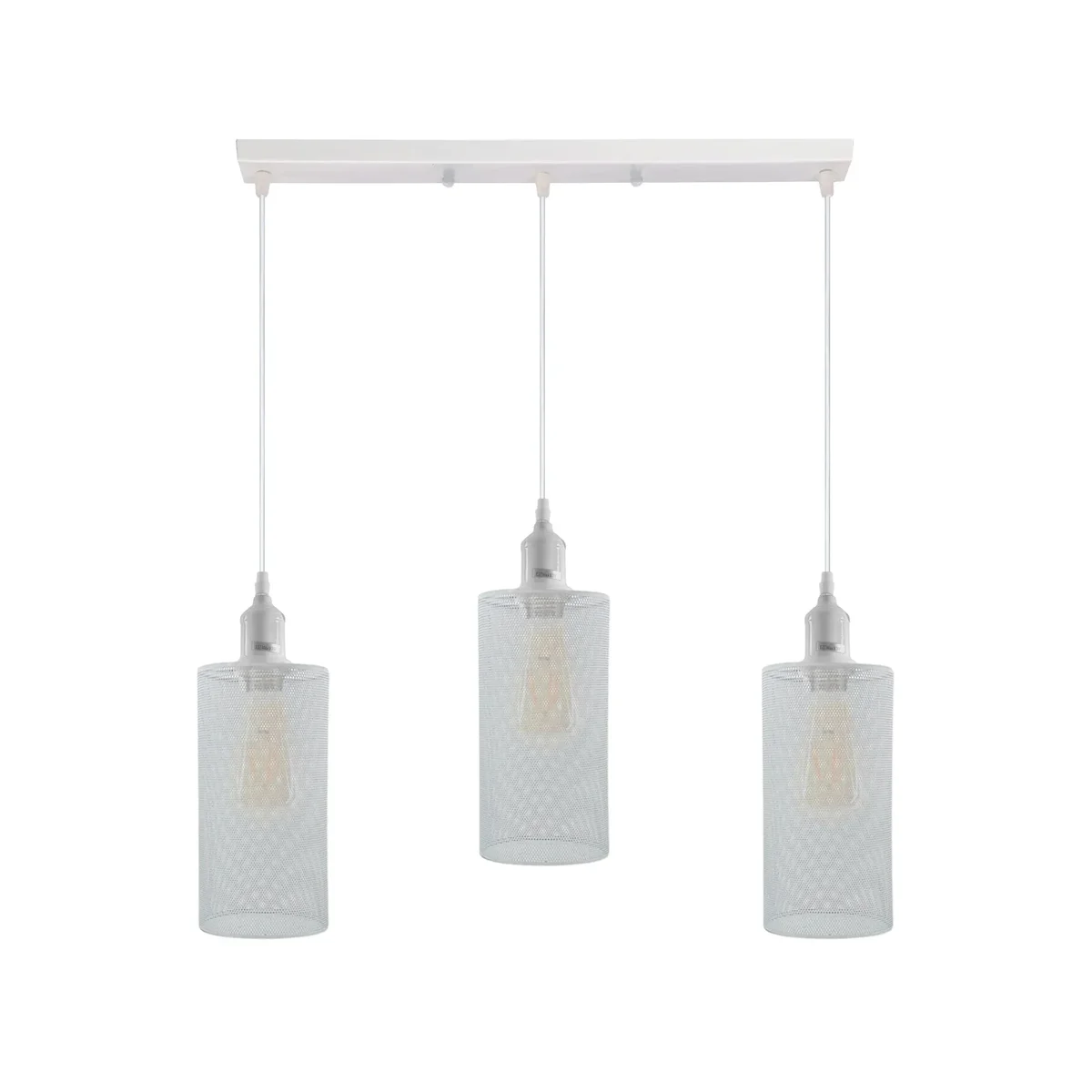 Three adjustable industrial pendant lighting fixtures with metal cage shades and E27 bulb holders hanging from cords