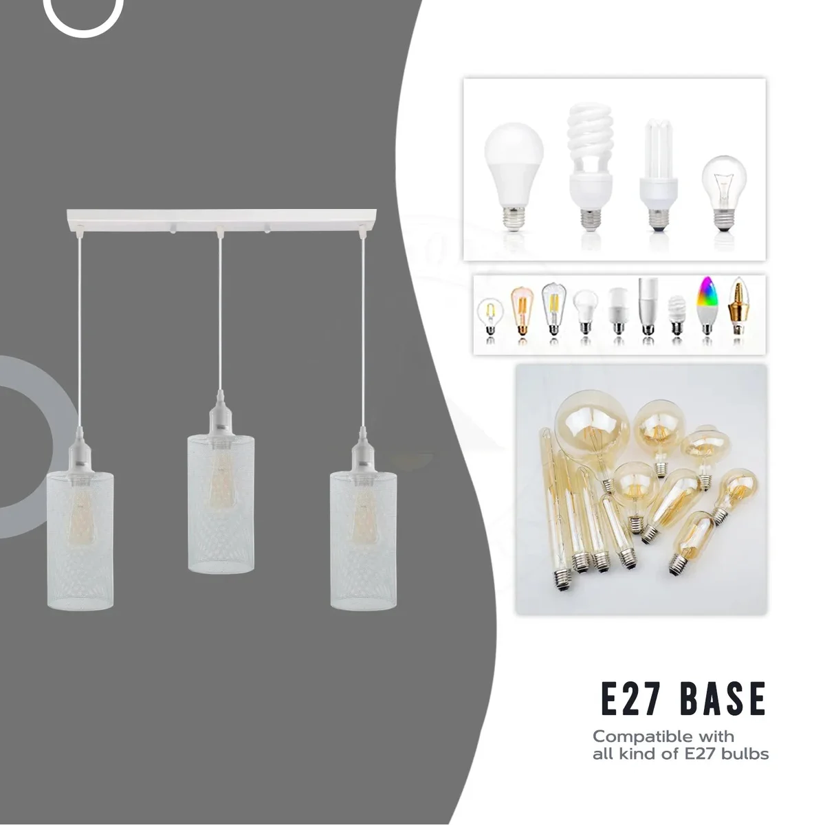 Three adjustable metal cage light fixtures with E27 bases hanging from black cords against a white background