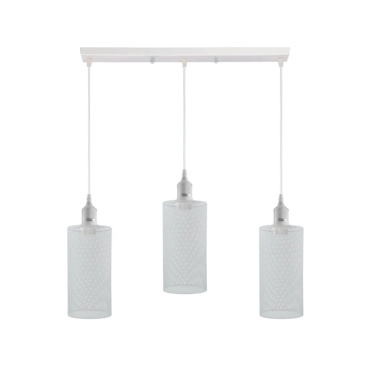 Three adjustable metal cage industrial pendant lighting fixtures with E27 bulb holders hanging from ceiling cords