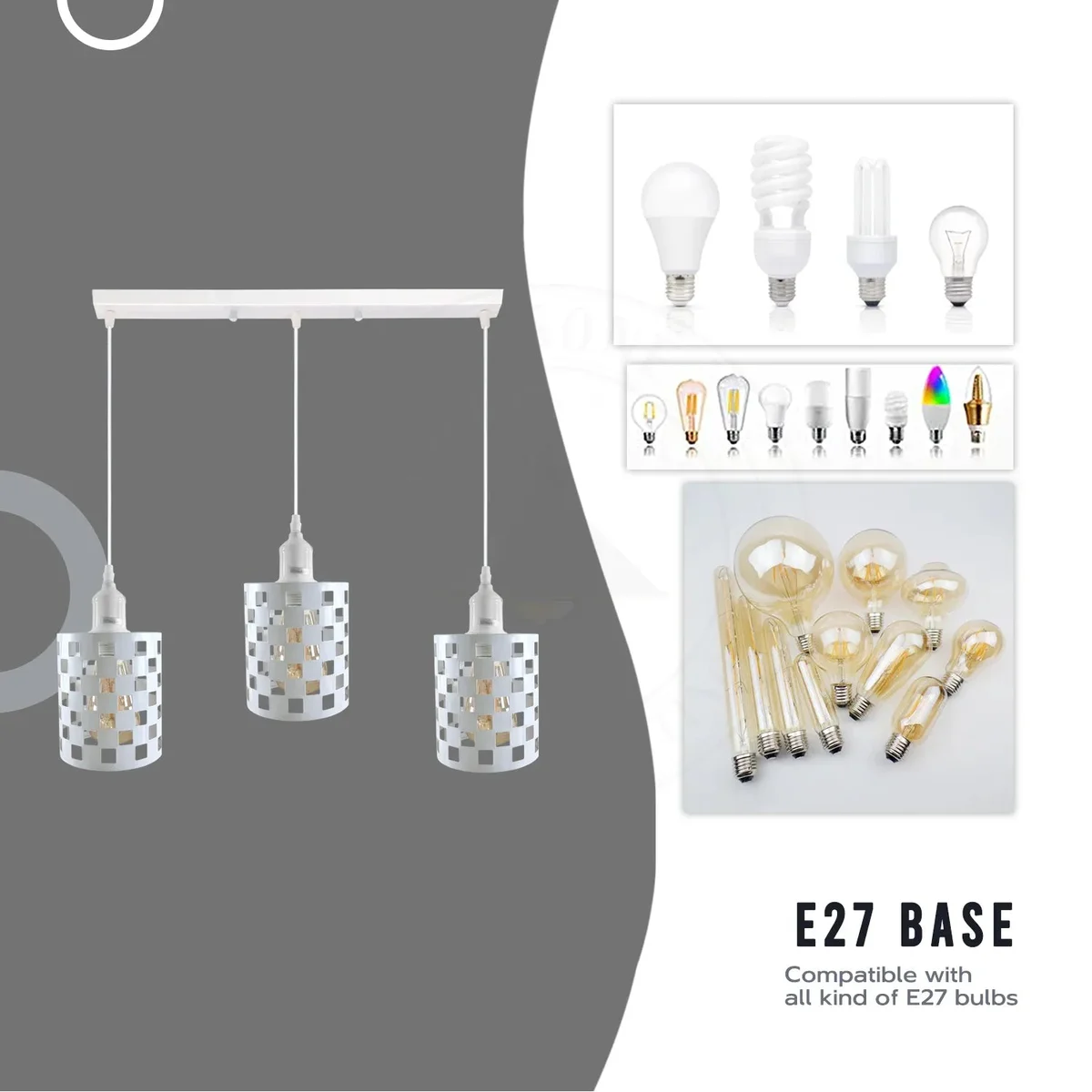 Three adjustable metal cage E27 bulb pendant lights hanging from ceiling with visible filament bulbs in vintage style
