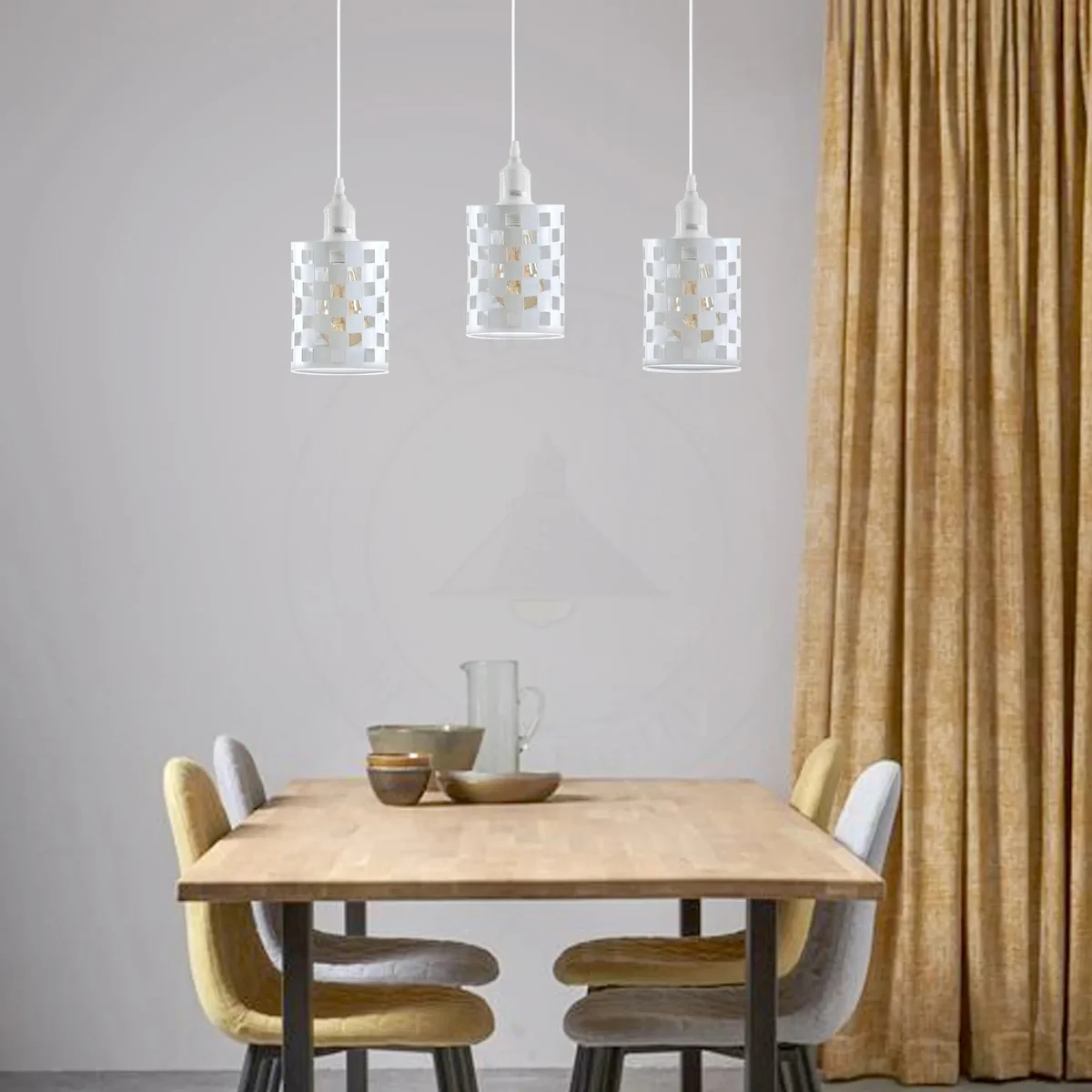 Three adjustable industrial pendant lighting fixtures with metal cage shades hanging from ceiling rose against white background