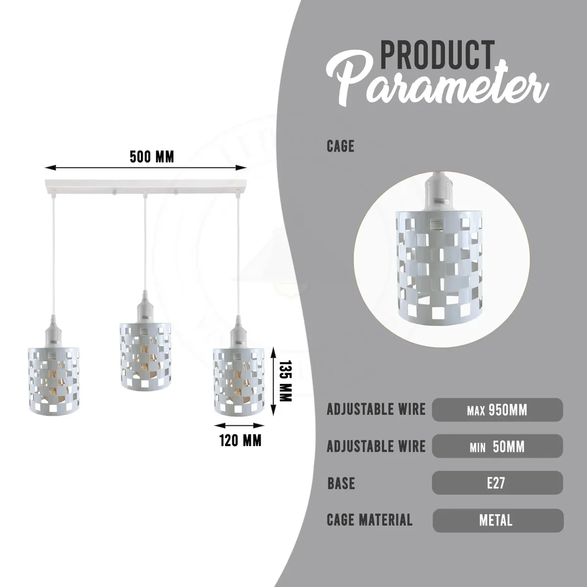 Three adjustable metal cage industrial pendant lighting fixtures with E27 bulb holders hanging indoors against a white background