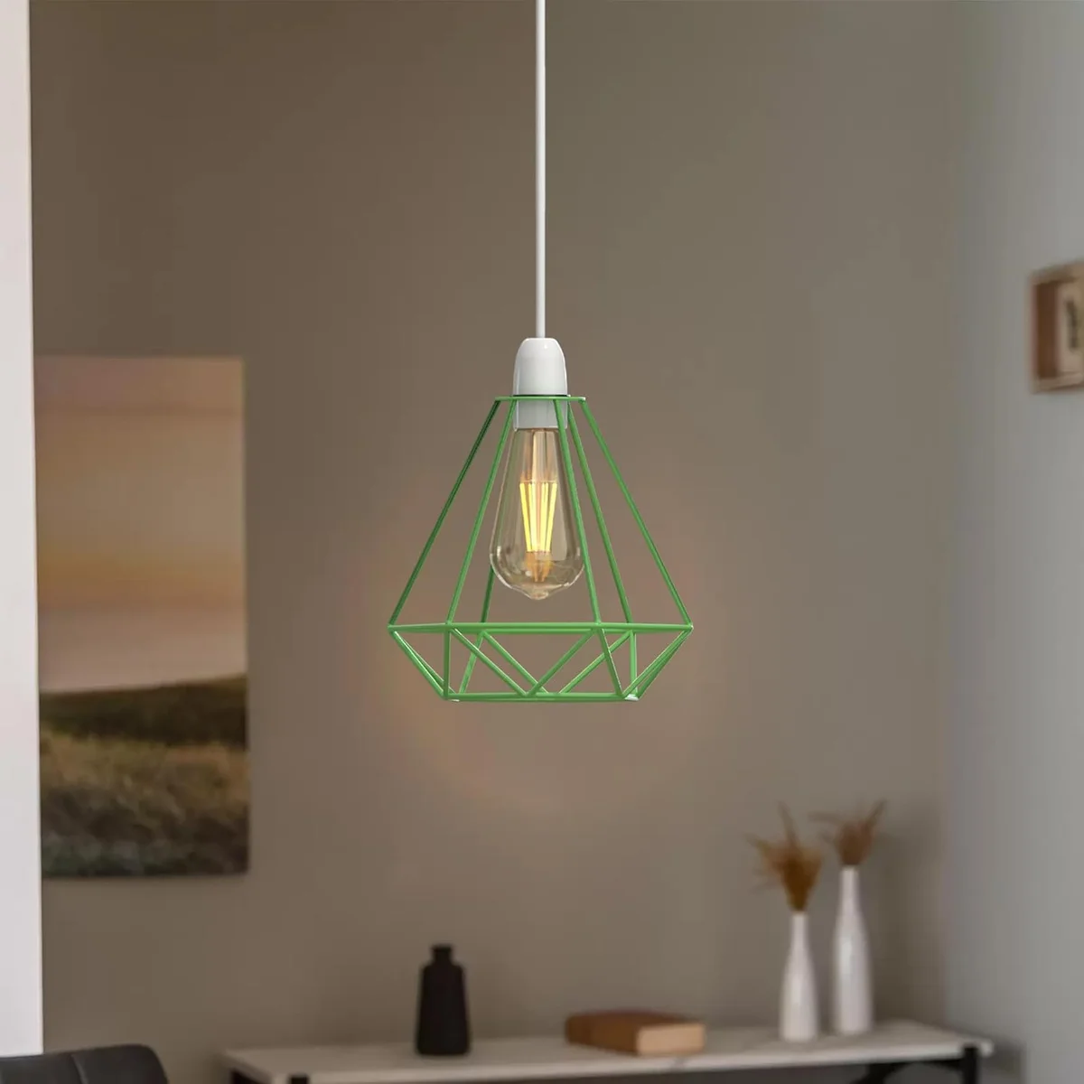 Green industrial ceiling lampshade with diamond-shaped metal wire cage and painted finish, easy fit for indoor use.