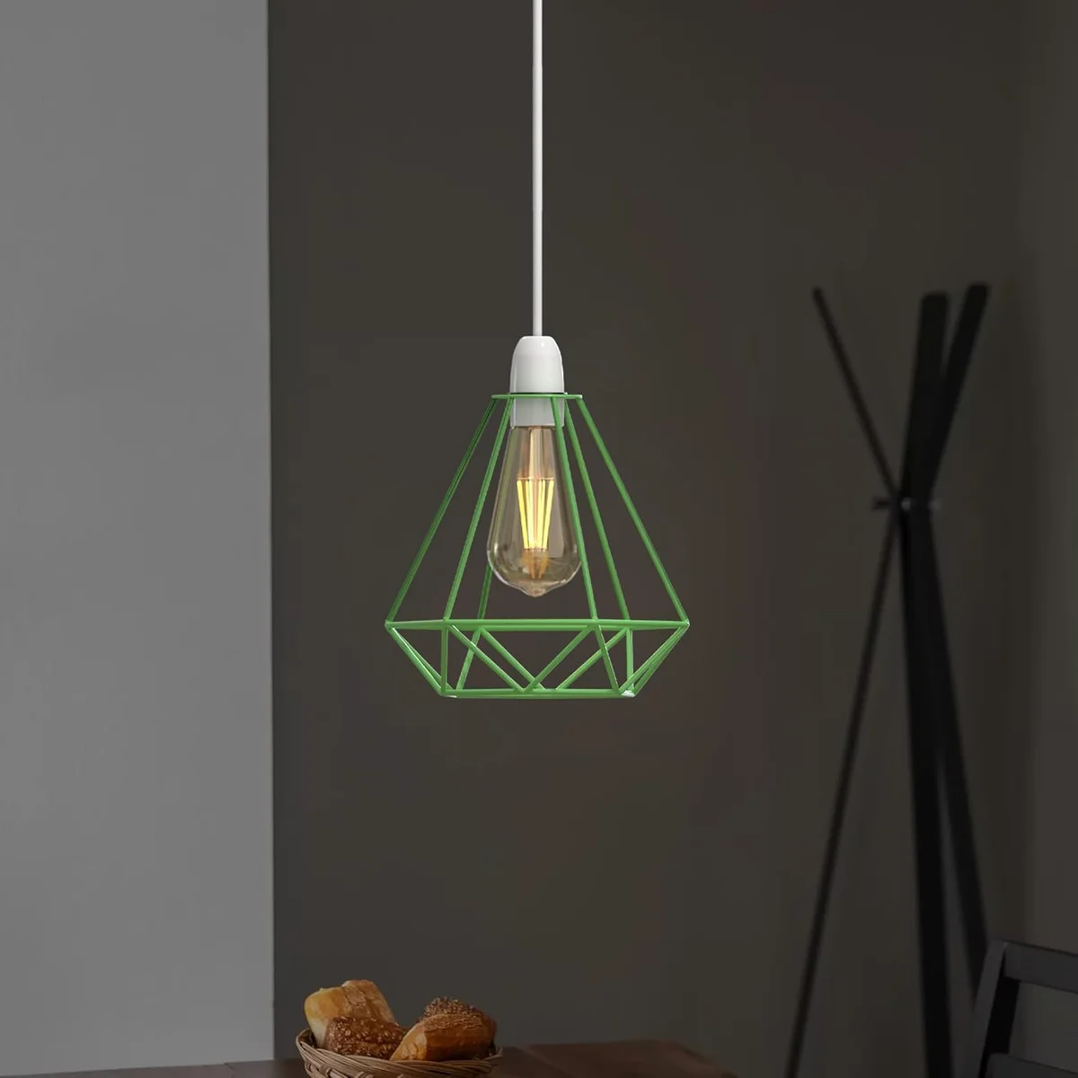 Green diamond-shaped metal wire cage lampshade with easy fit design for ceiling pendant, modern industrial style, painted finish