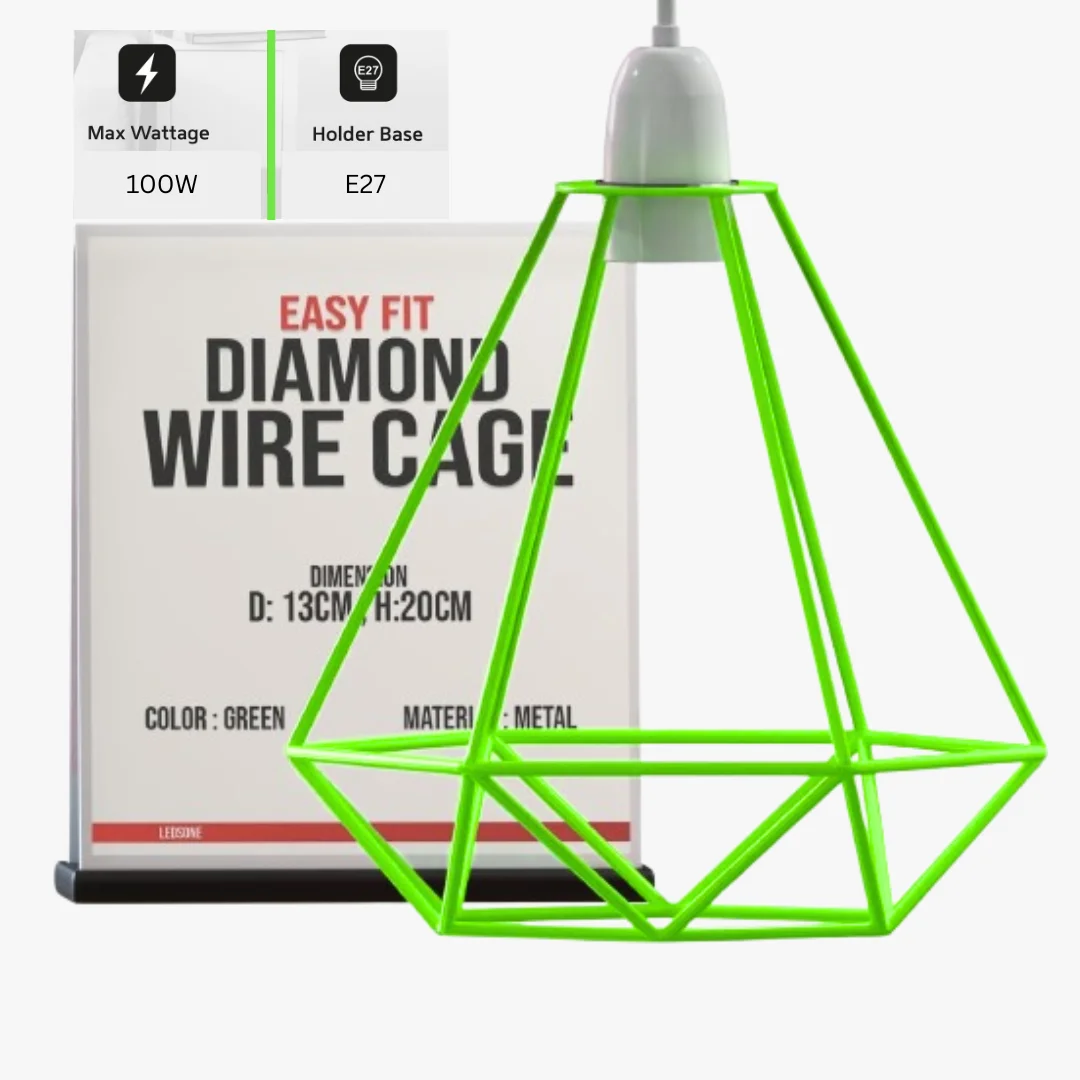 Green industrial diamond metal wire cage easy fit ceiling lampshade with open design and painted finish hanging indoors
