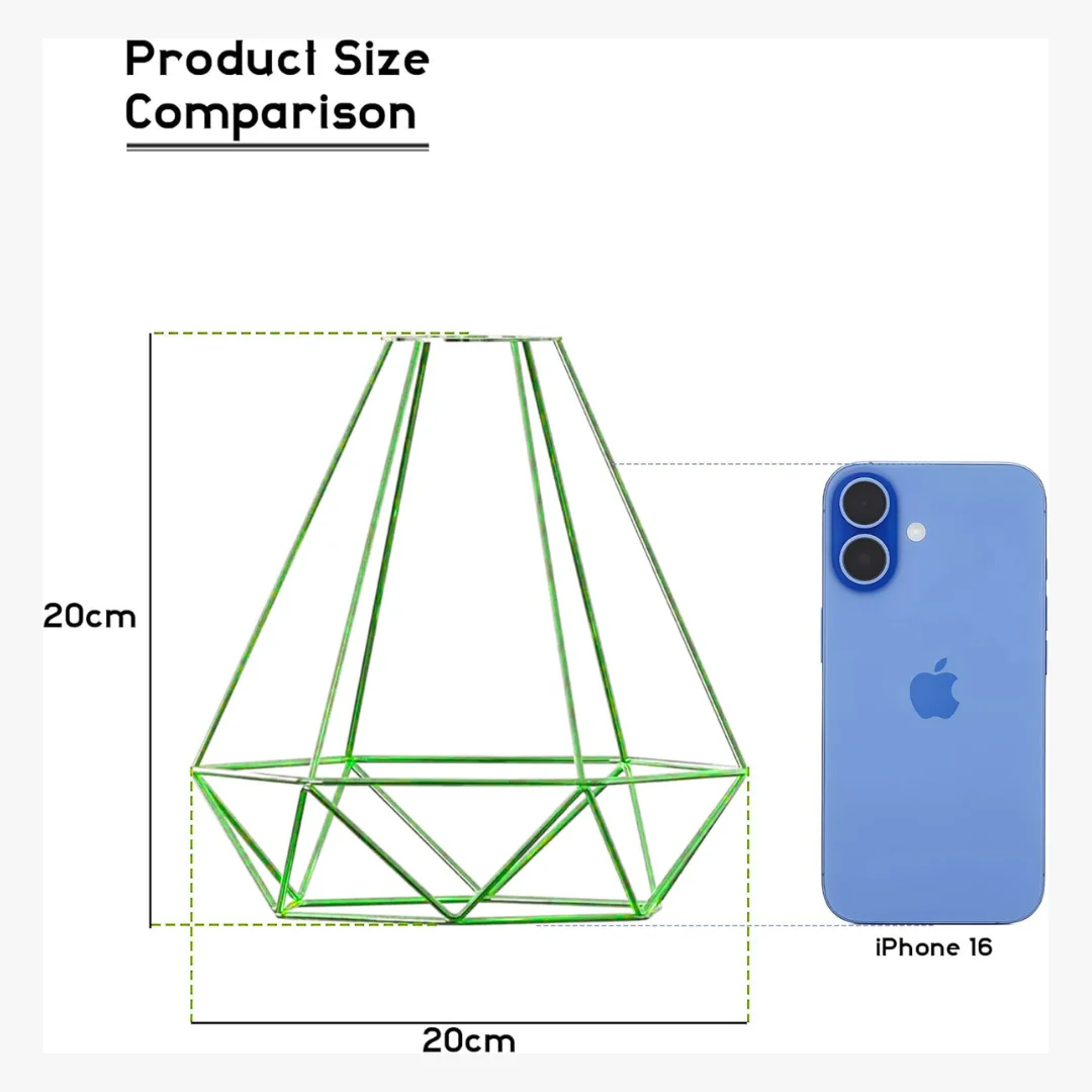 Green industrial diamond wire cage E27 lamp holder lampshade with easy fit design, painted metal, 20cm square, indoor use