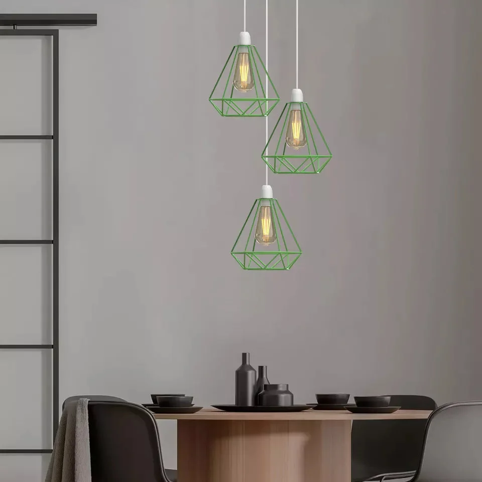 Green industrial ceiling lampshade with diamond metal wire cage design in painted green finish, easy fit for ceiling pendants