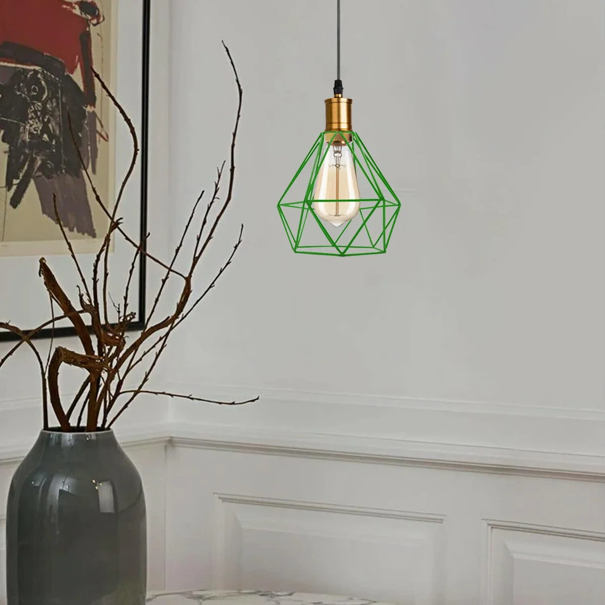 Green industrial ceiling lampshade with diamond metal wire cage design, painted finish, easy fit for indoor ceiling pendants