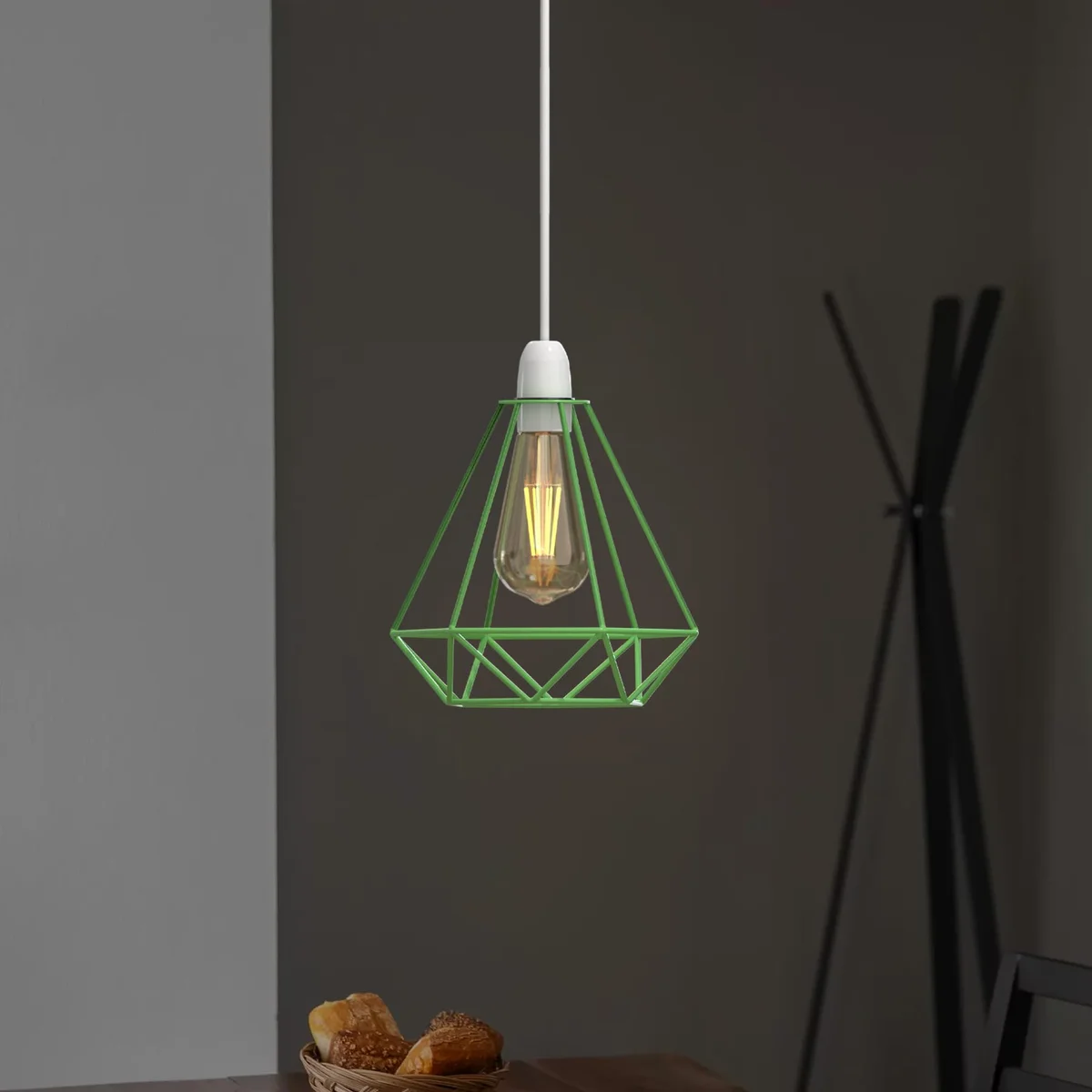 Green industrial ceiling lampshade with diamond metal wire cage design, easy fit for ceiling pendants, painted green finish