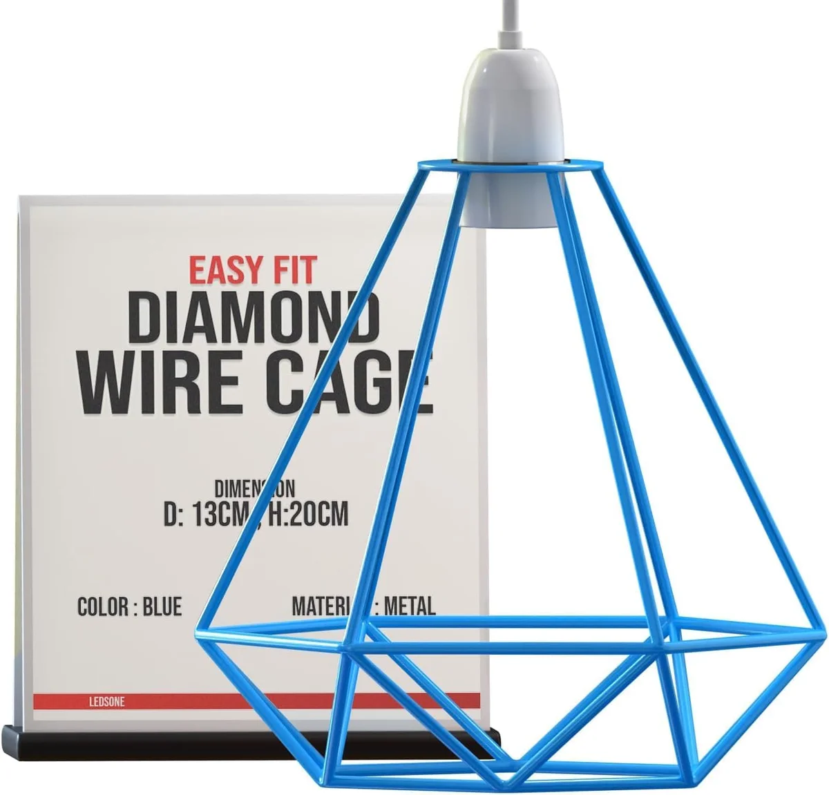 Blue industrial diamond metal wire cage ceiling lampshade with open design and painted finish for indoor use