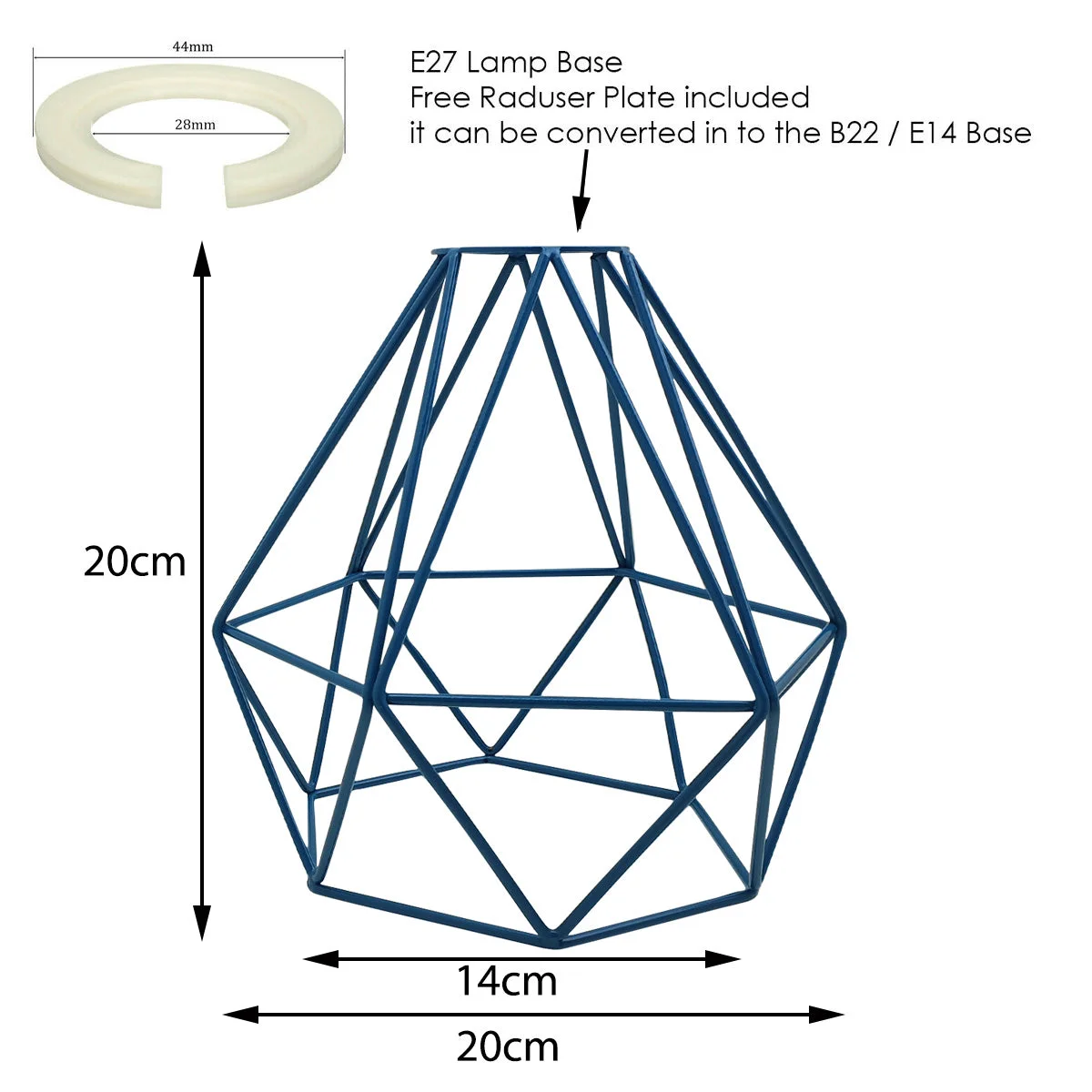 Blue industrial metal lampshade with diamond wire cage design, easy fit ceiling pendant, painted finish, modern style