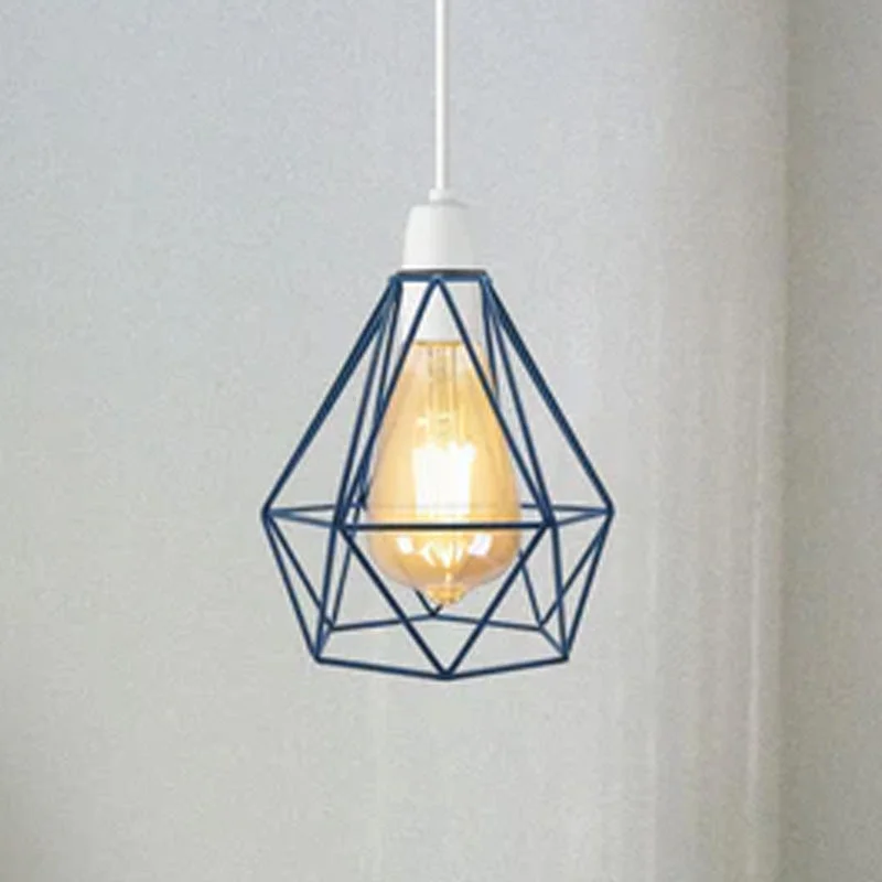 Blue industrial diamond metal wire cage easy fit ceiling shade shown against a white background