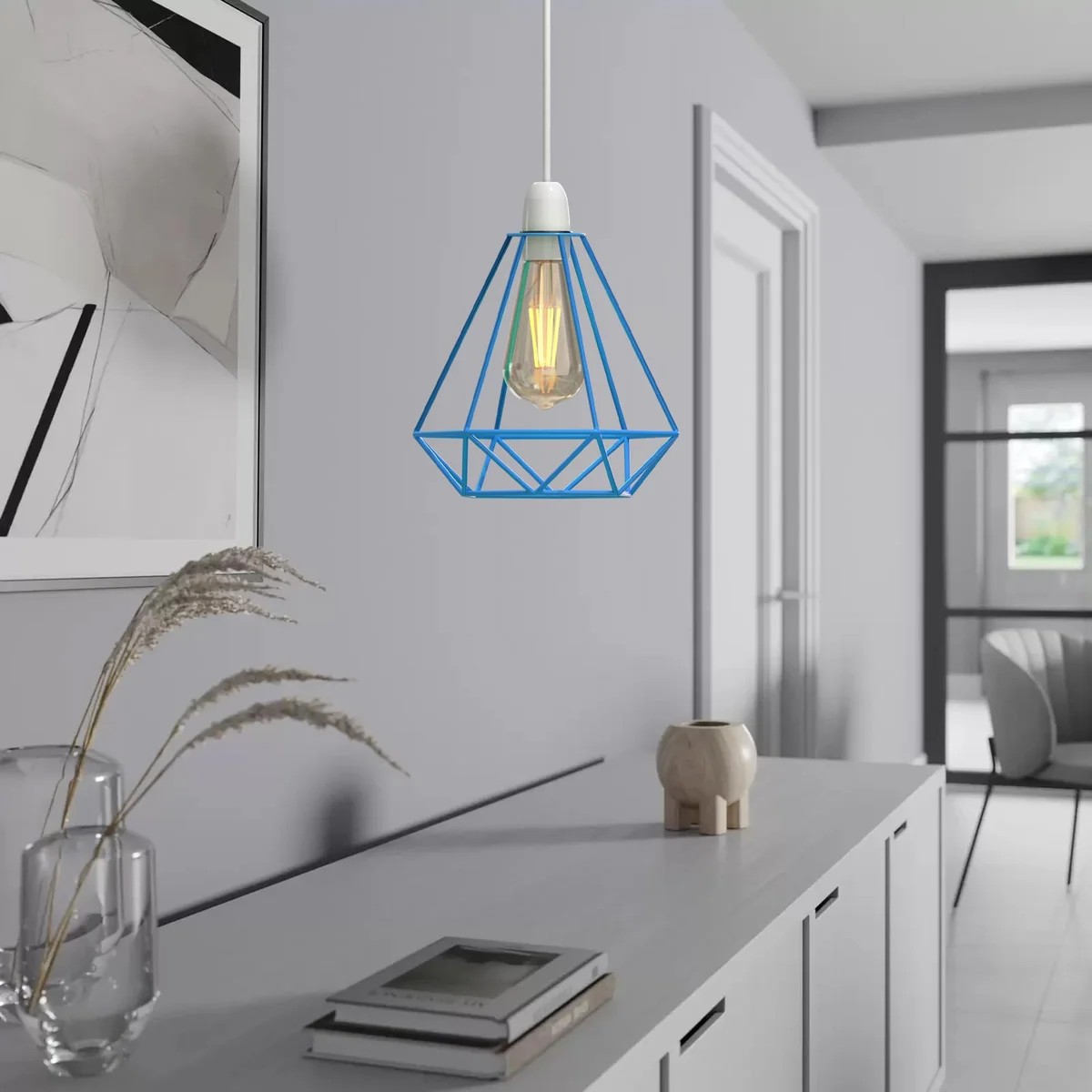 Blue industrial diamond metal wire cage modern indoor lampshade with easy fit design, shown hanging on ceiling.