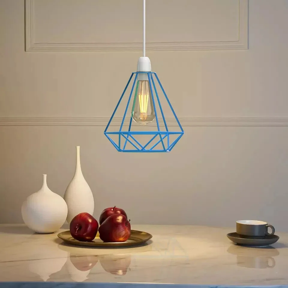Blue industrial diamond metal wire cage easy fit ceiling lampshade shown hanging indoors with soft light filtering through