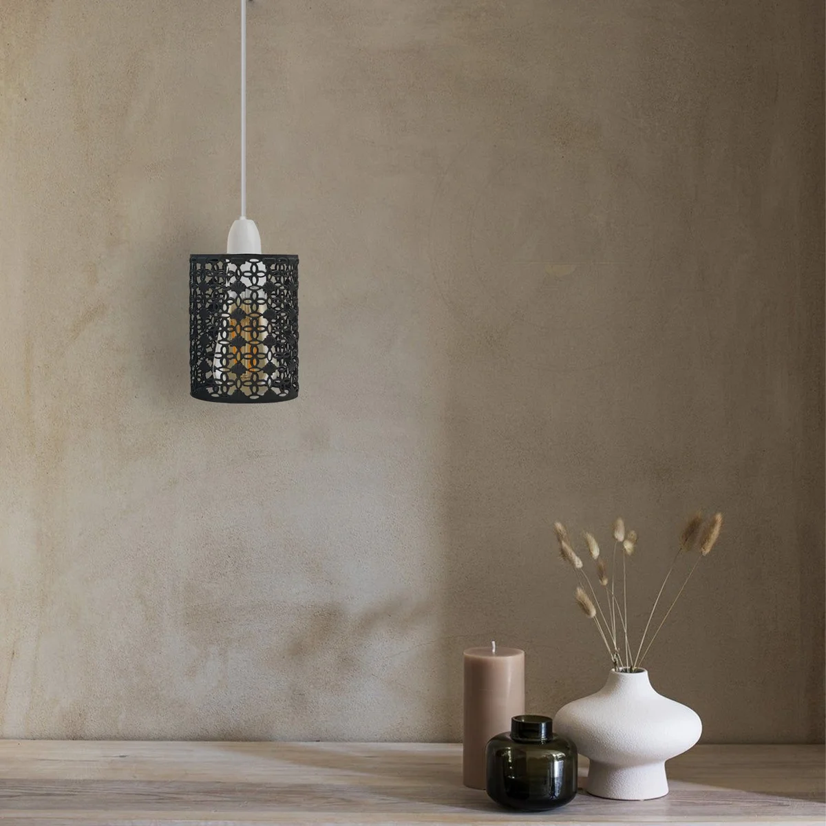 Black metal industrial drum lampshade with wire cage design and reducer plate for easy E27 socket fitting, indoor use