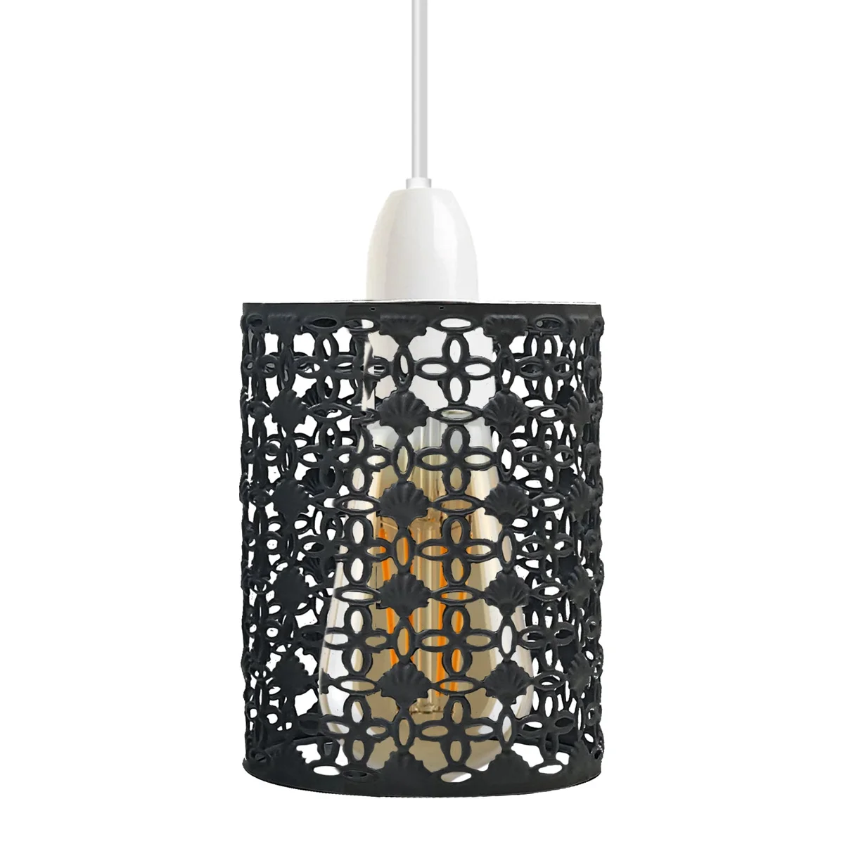 Black metal drum wire cage ceiling lampshade showcasing modern industrial lighting with easy fit and reducer plate included