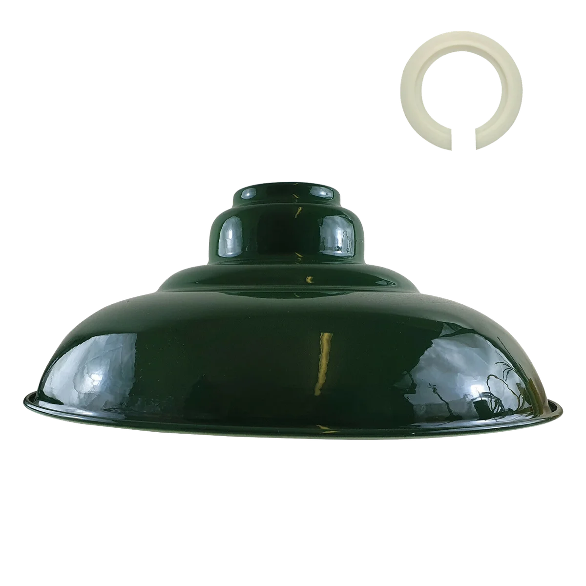 Green gloss semi-curvy metal easy fit lampshade with E27 base, ideal for modern and retro interiors, 32 cm diameter