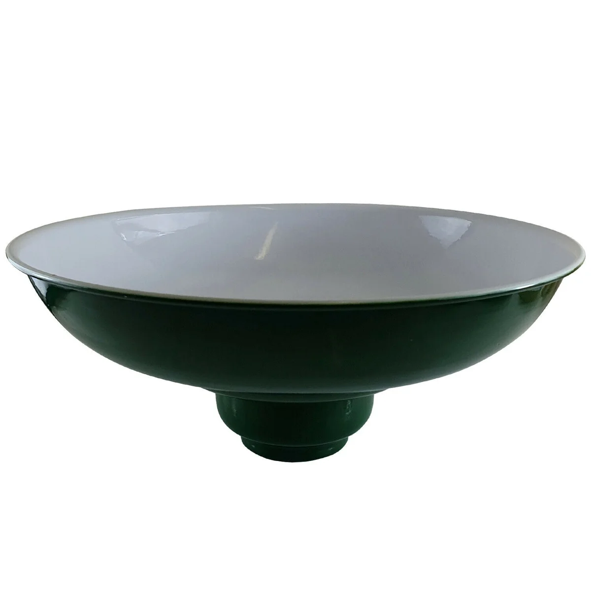 Green gloss semi curvy lamp shade made of metal with easy fit E27 base, shown hanging against a white background